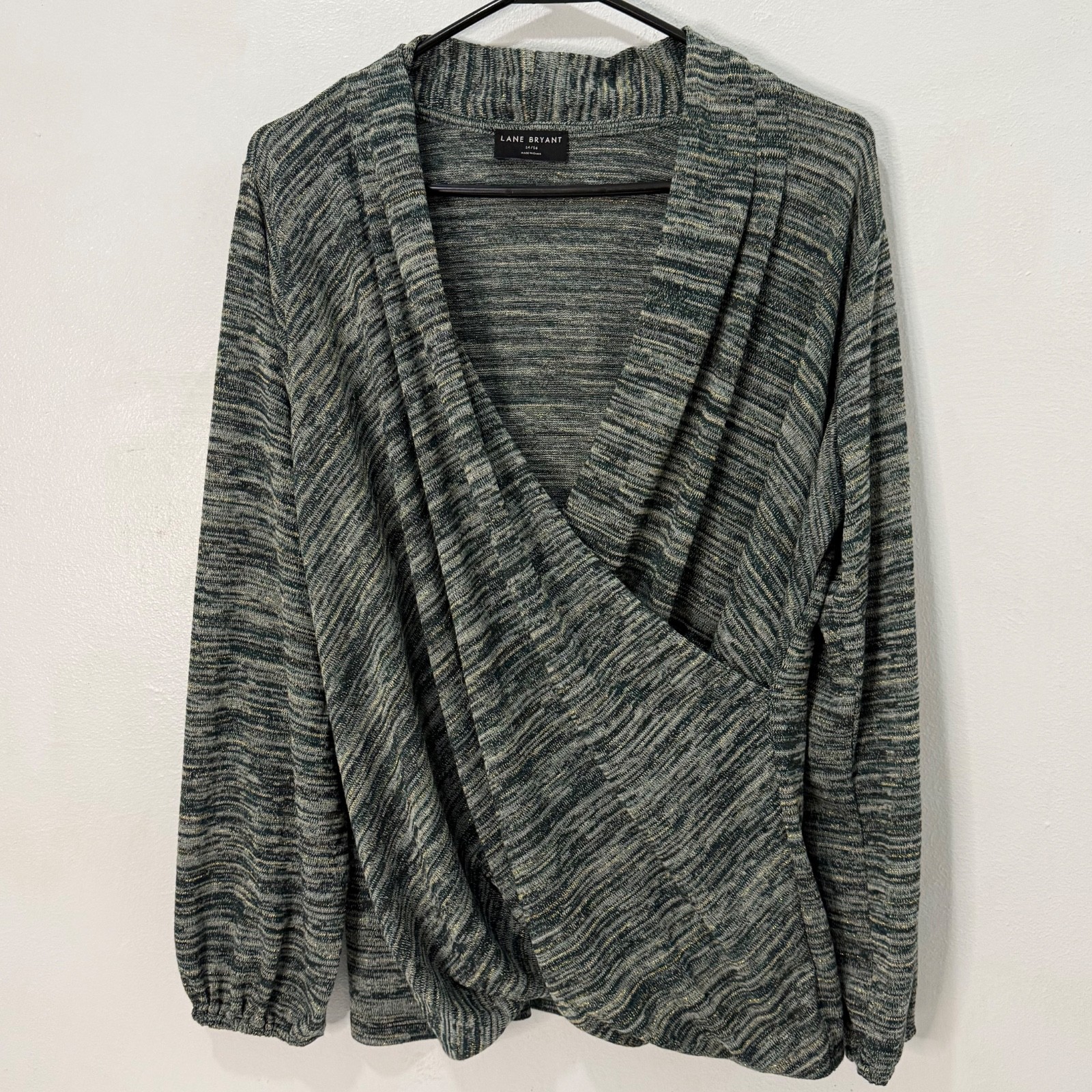 Lane Bryant Top Sz 14/16 Lurex Blouson Sleeve Faux Wrap Bubble Hem Green Gold