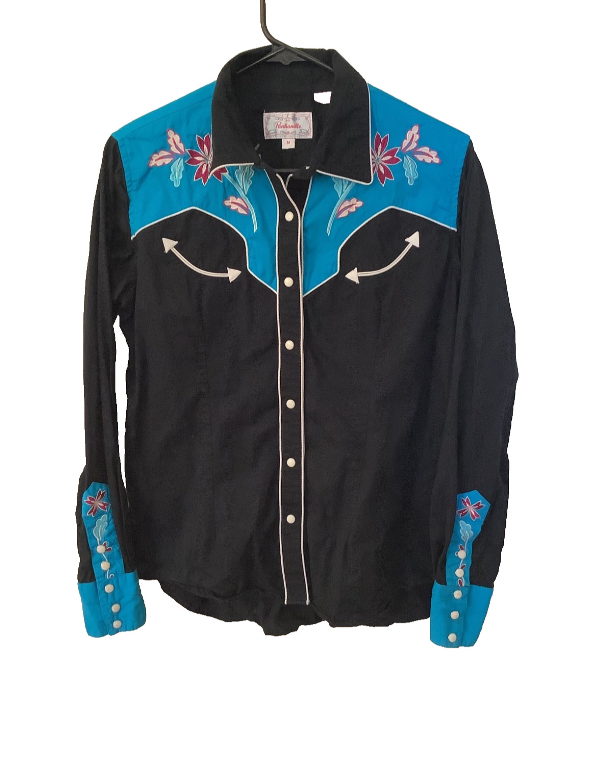 Panhandle Women Medium Shirt Western Retro Rodeo Rockabilly Embroidered Turquois