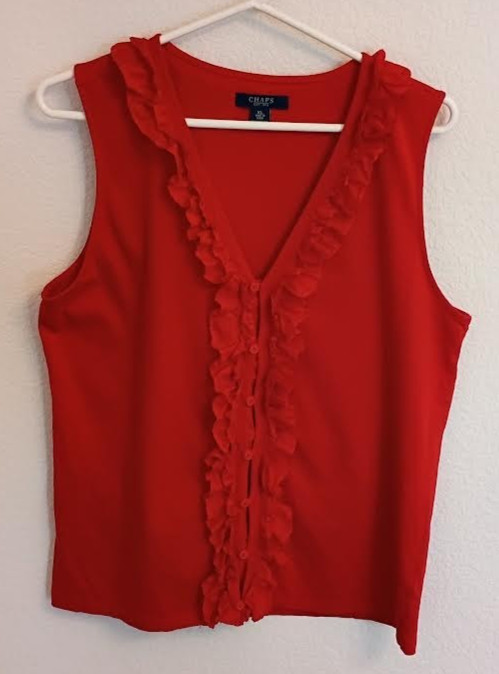 CHAPS WOMEN’S TOP RED SLEEVELESS RUFFLE LOOP BUTTONS STRETCH 100% COTTON SIZE XL