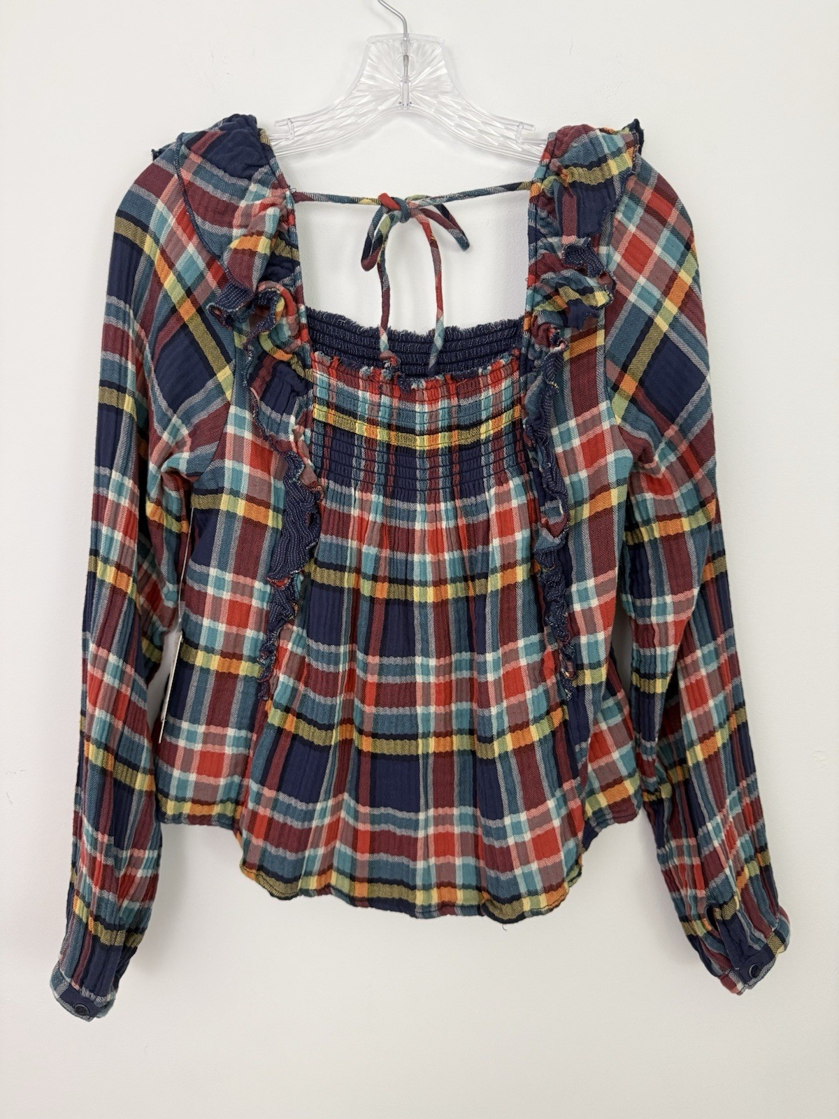 We the FREE PEOPLE New Siena Plaid Pullover TOP Small Babydoll Teal Country $118
