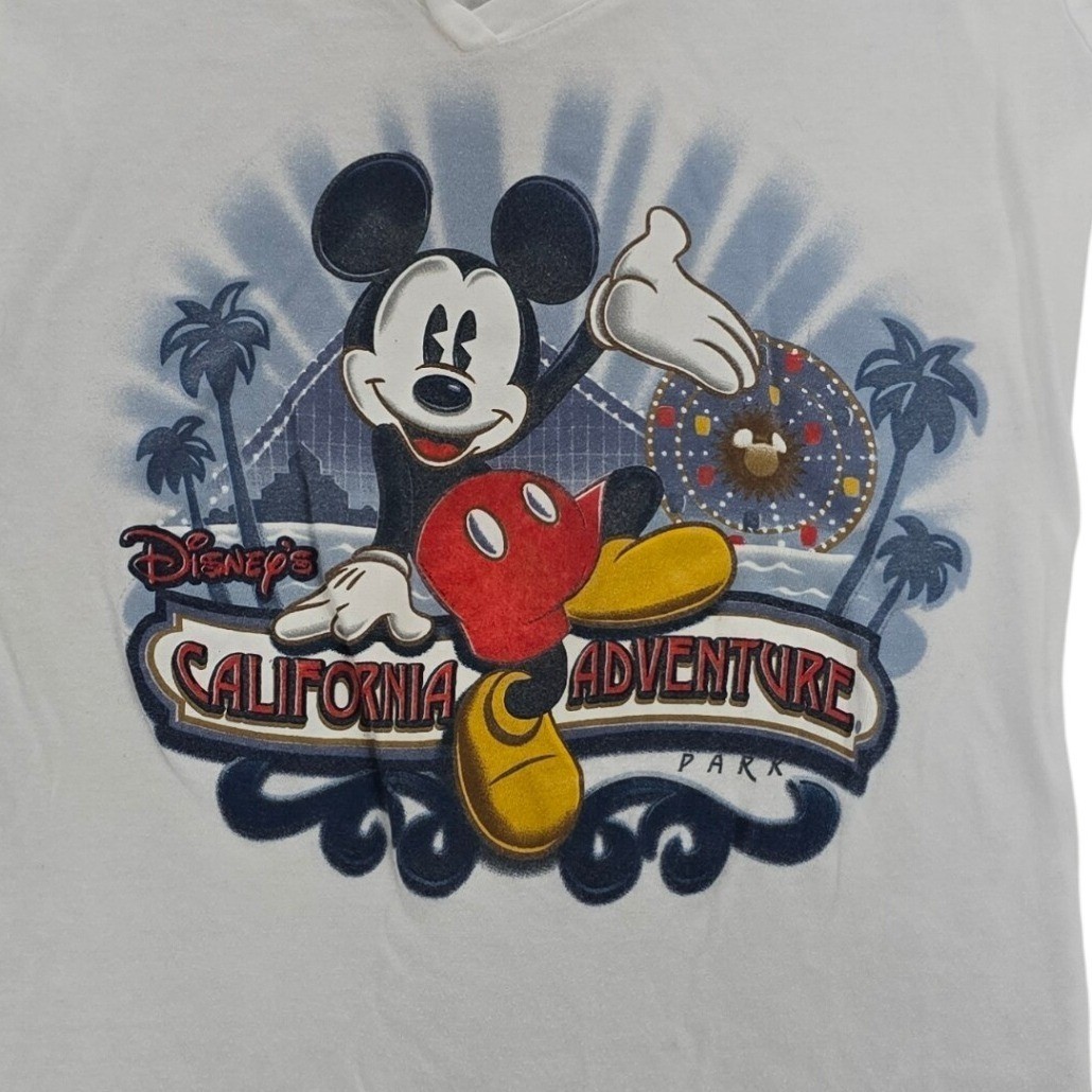 Disney California Adventure Mickey Mouse V-Neck Graphic T-Shirt White Small EUC
