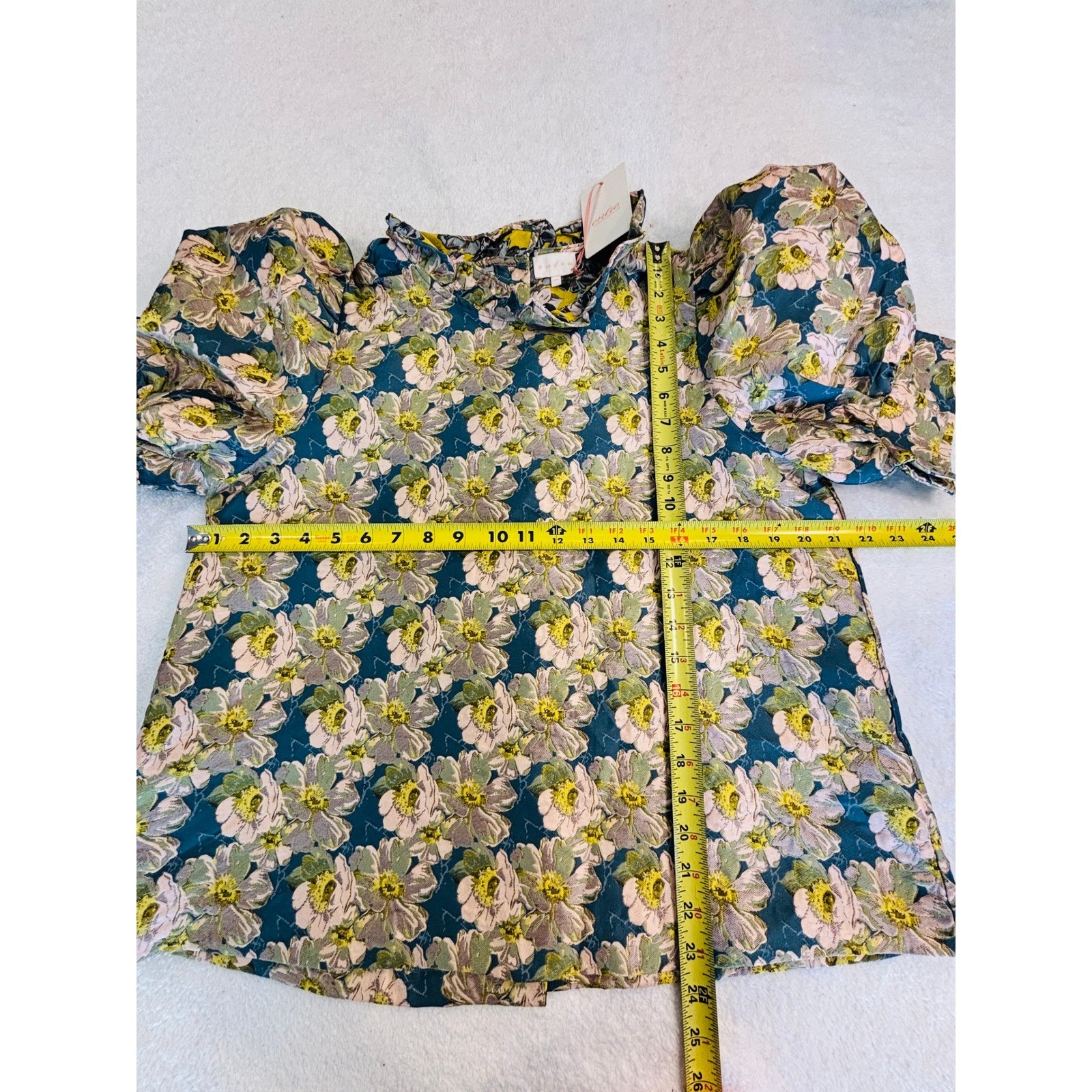 En-tra Floral Brocade Puff Sleeve Top Teal Yellow Ruffle Neck Blouse Medium NWT