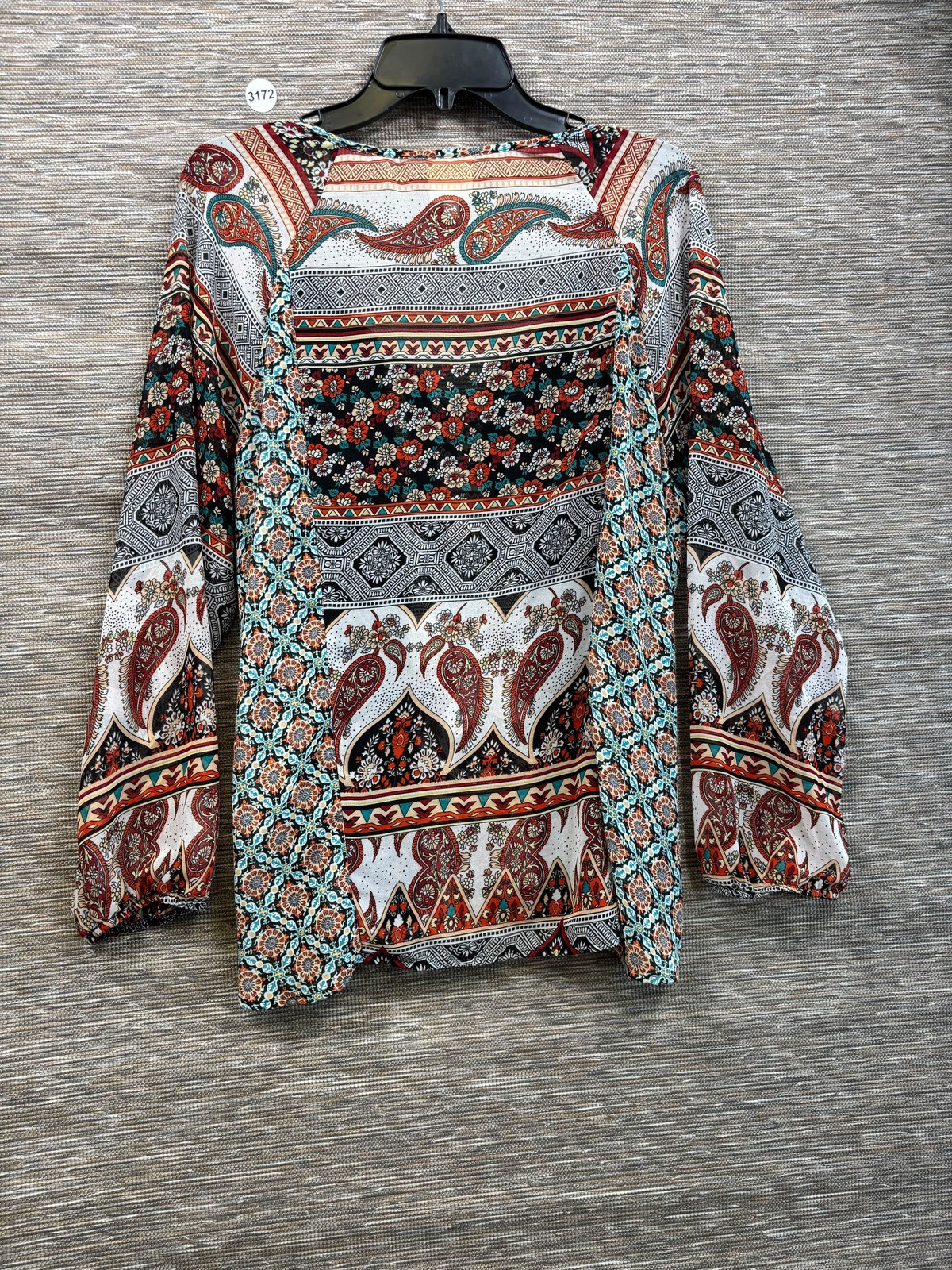 Fig And Flower Blouse Womens L Multicolor Paisley Print Lace Boho Tunic Top
