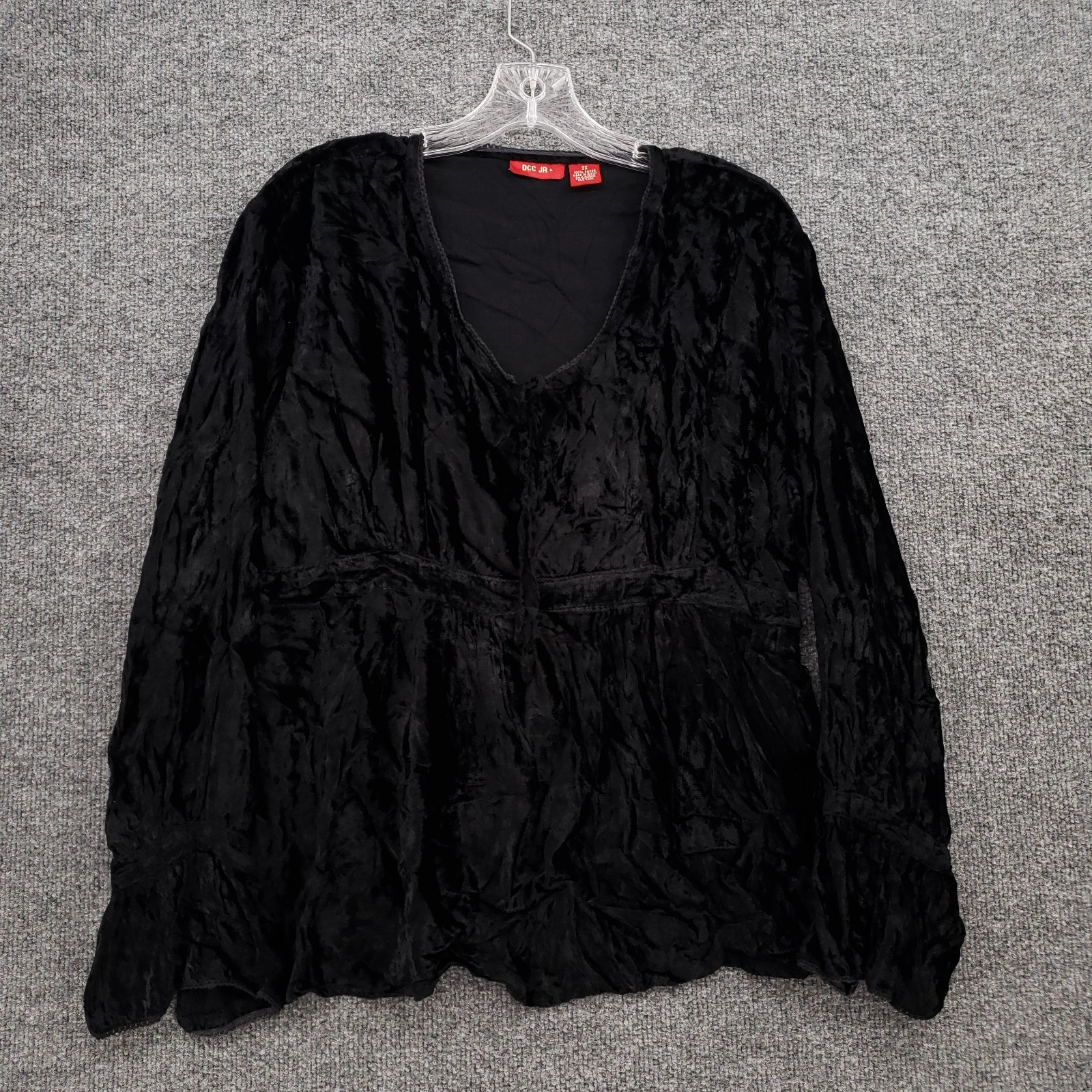 DCC JR Top Womens 2X Plus Black Crushed Velvet V Neck Whimsigoth Blouse Boho