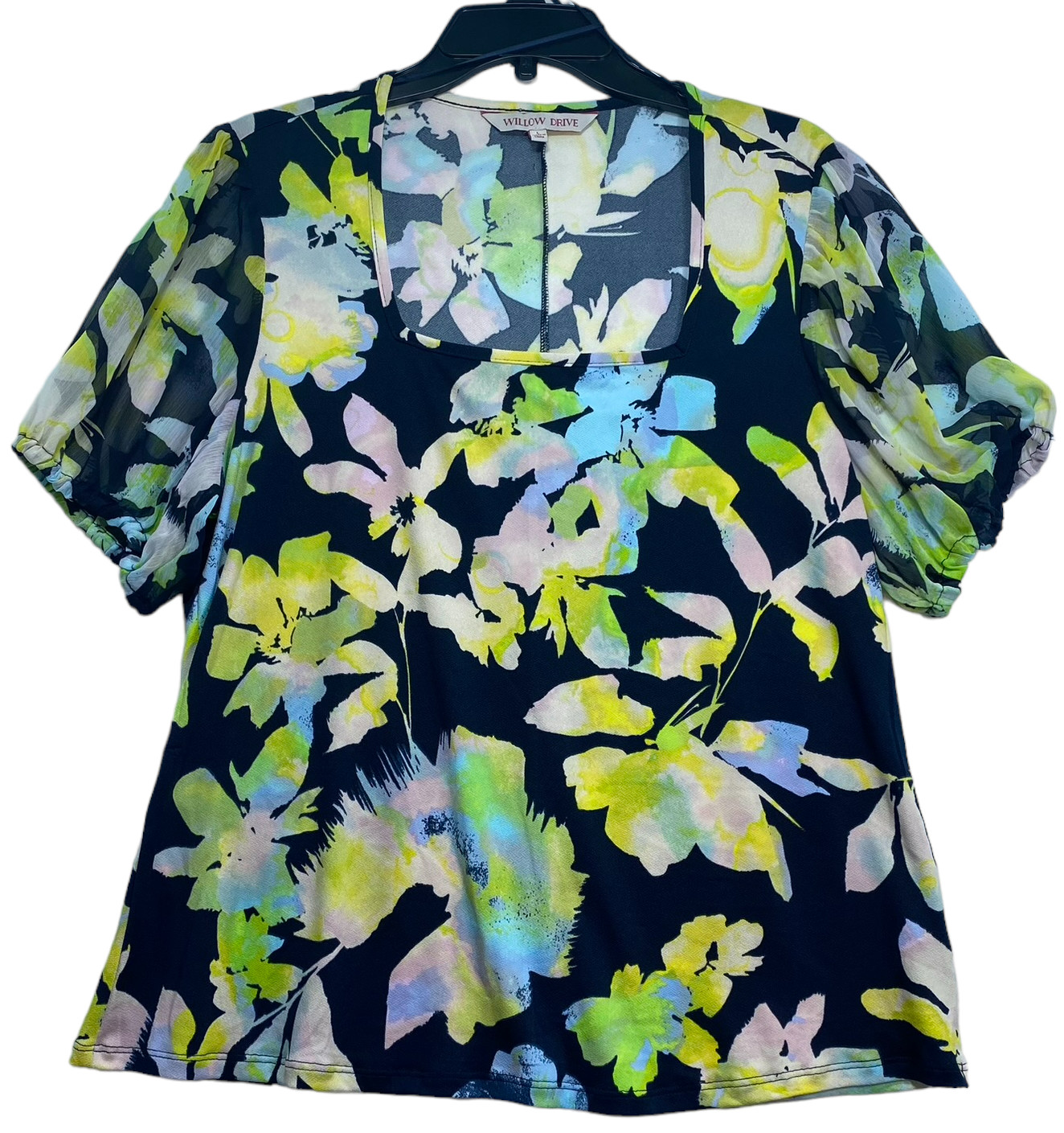 Willow Drive Blouse Womens size Large Blue Floral Square Neck Stretch New
