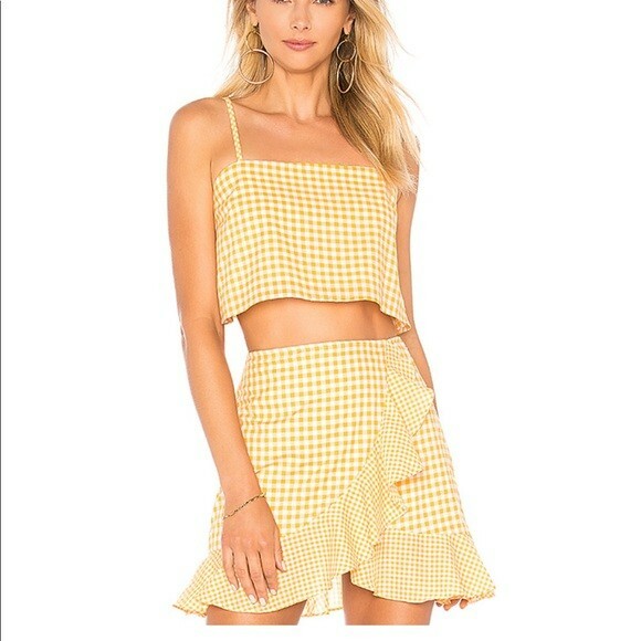 Lovers + Friends Women Medium Bowie Yellow White Gingham Check Back Tie Crop Top