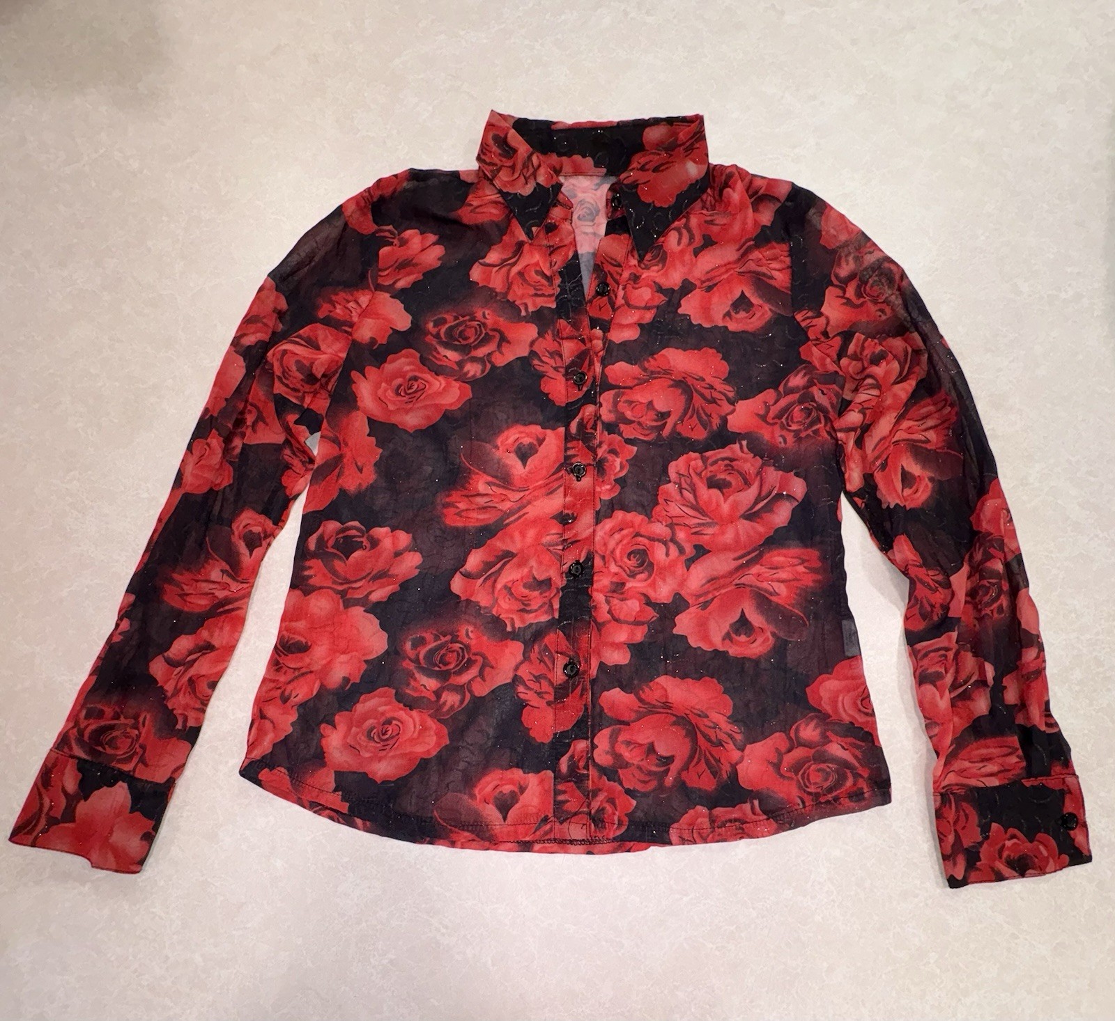 Sexy Gothic Womens S Red Black Floral Sheer Chiffon Collared Button-Up Blouse