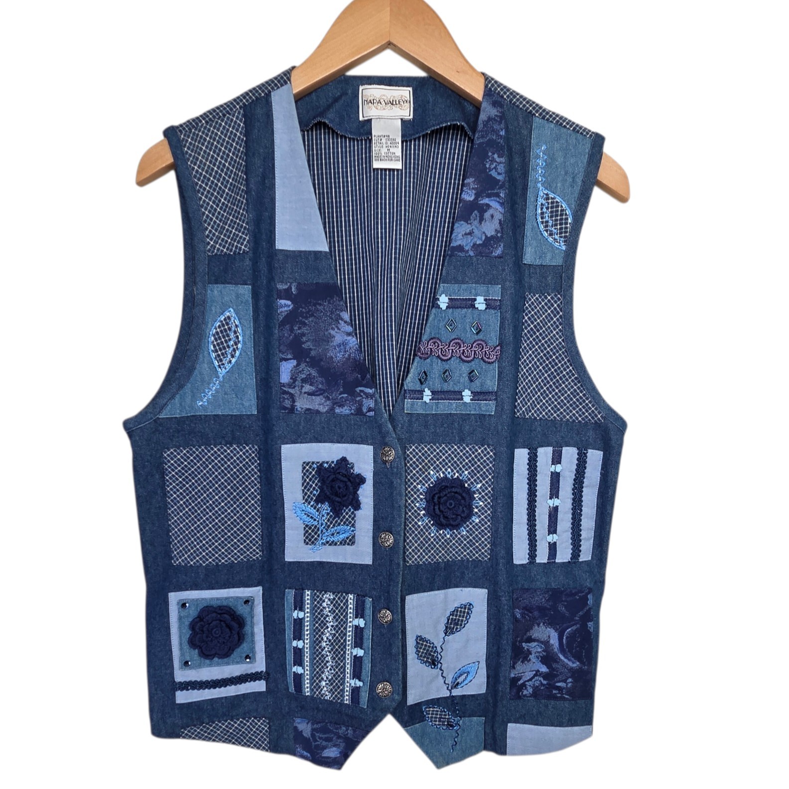 Vintage Napa Valley 90s Boho Blue Denim 3D Crochet Embroidery Cotton Vest SZ M