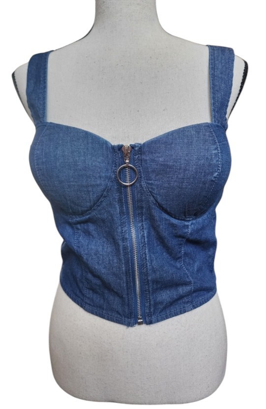 New Mix Medium Crop Bustier Corset Top Denim Front Zip Adjustable Shoulder Strap