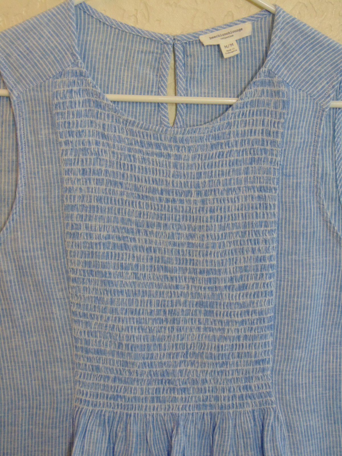 Beach Lunch Lounge Sleeveless Top M Blue White Stripe Linen Cotton Blend Smocked