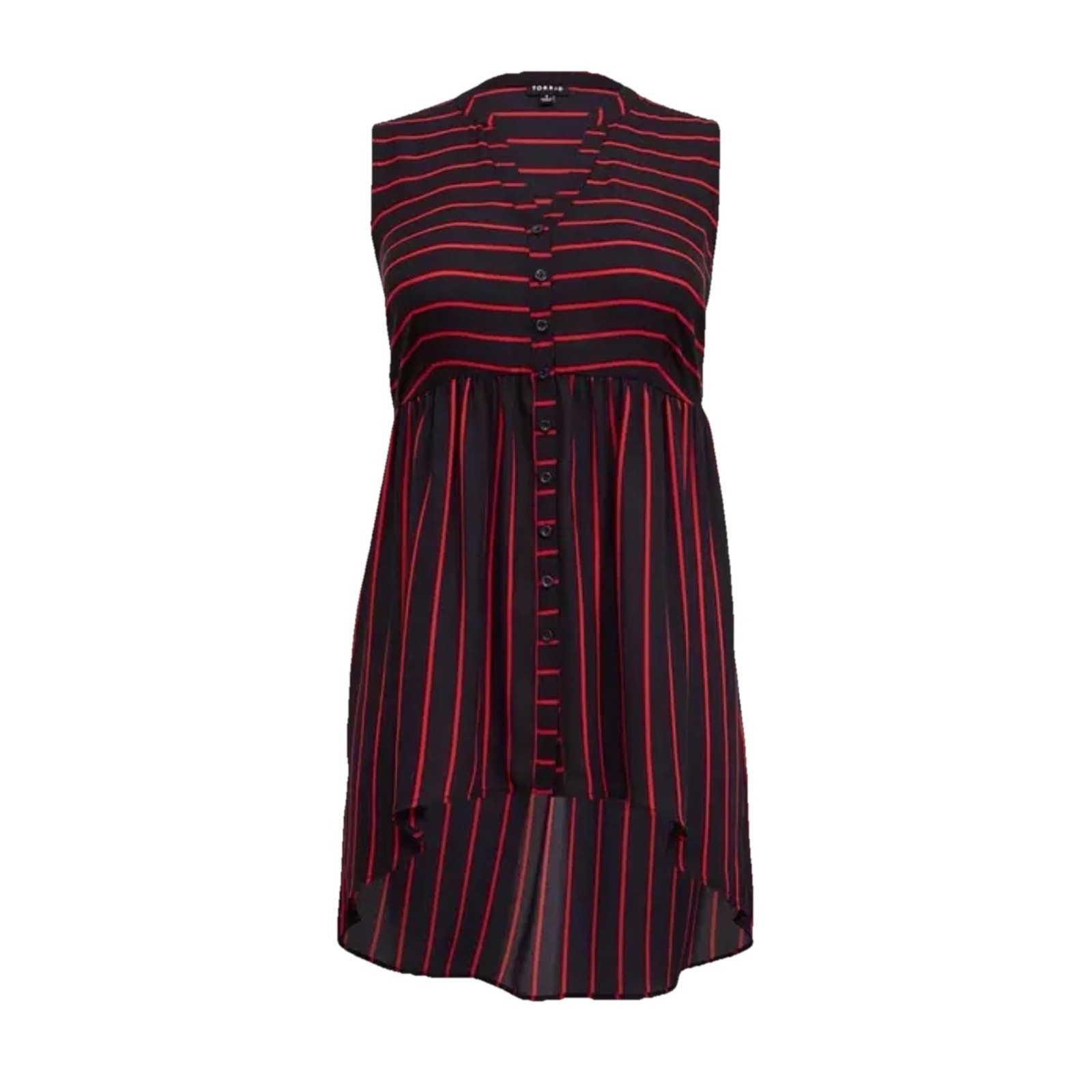 Torrid 3X Split Neck Navy Red Striped Hi-Lo Flowy Georgette Sleeveless Tunic Top