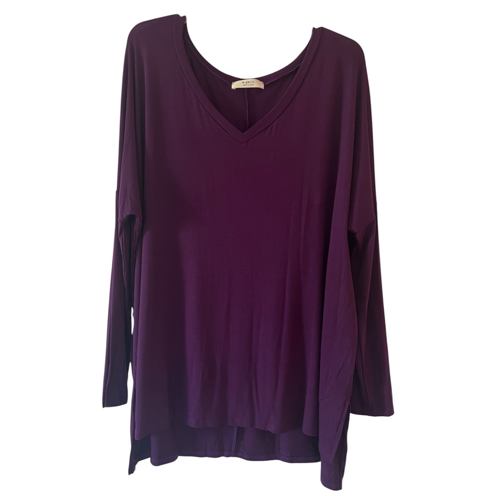 A.gain Women 1XL Plum Purple V-Neck Long Sleeve Tunic Top Oversized Made in USA
