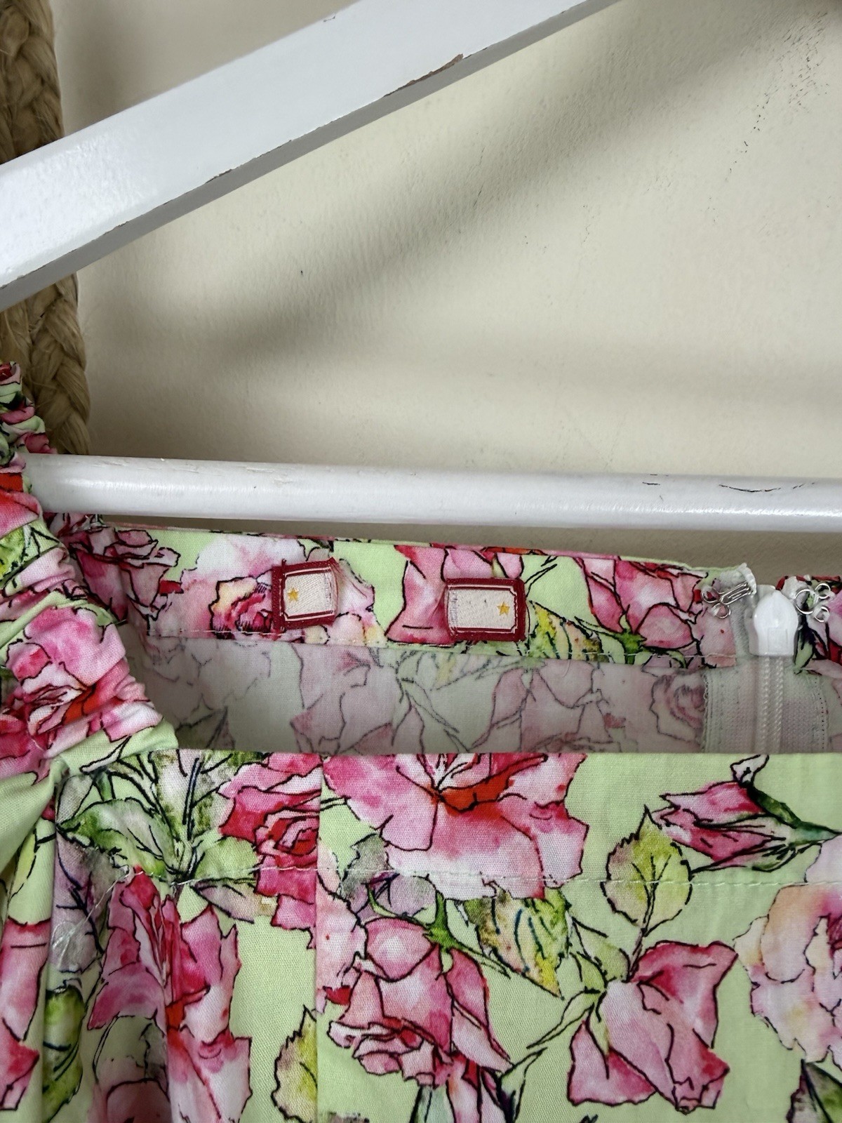 Joe Browns Floral Milk Maid Blouse UK10-12 Green Pink Roses Puff Sleeves Cotton