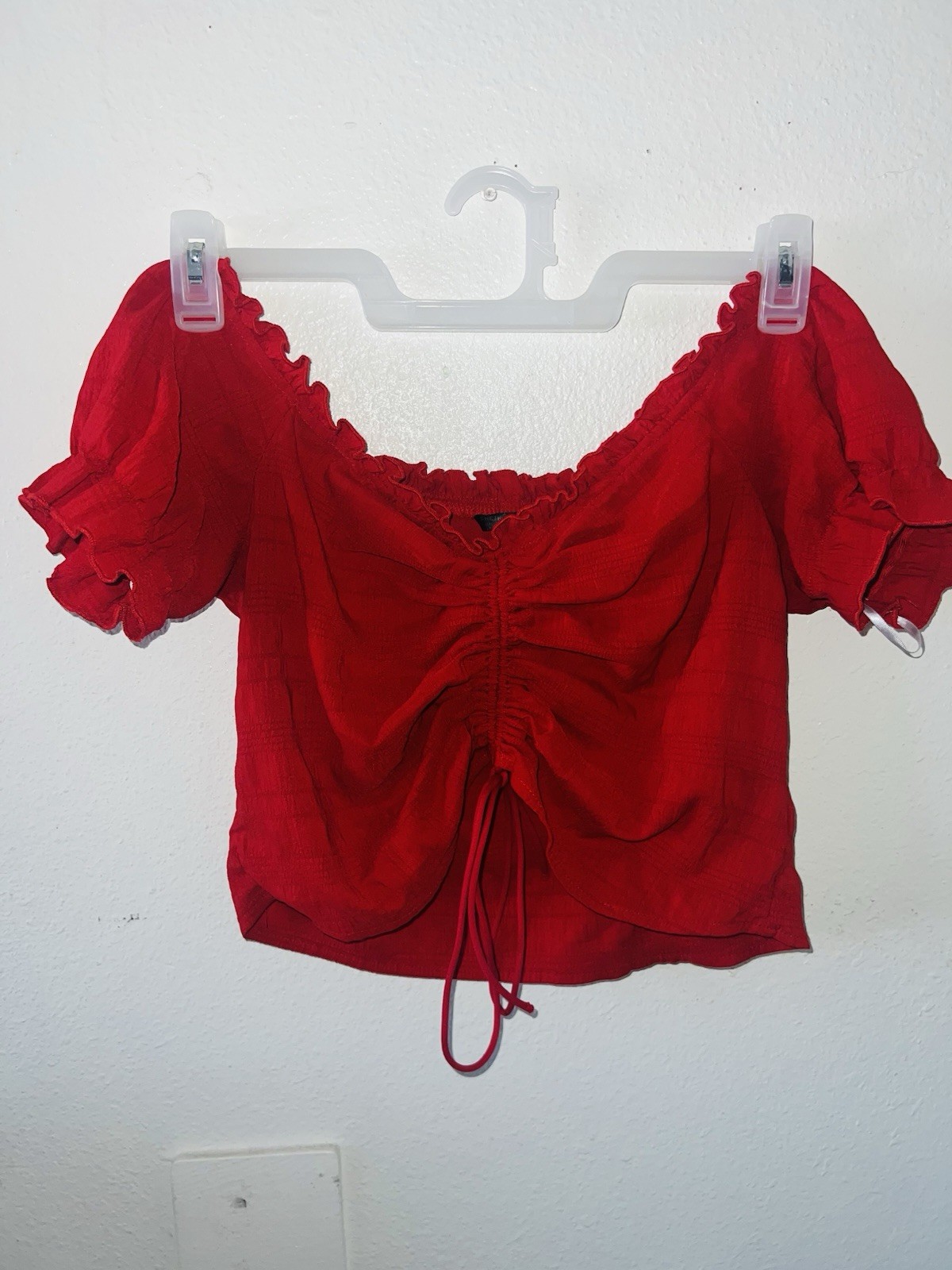 Ambiance Women’s XL Red Off Shoulder Ruched Puff Sleeve Crop Top Boho Cottage