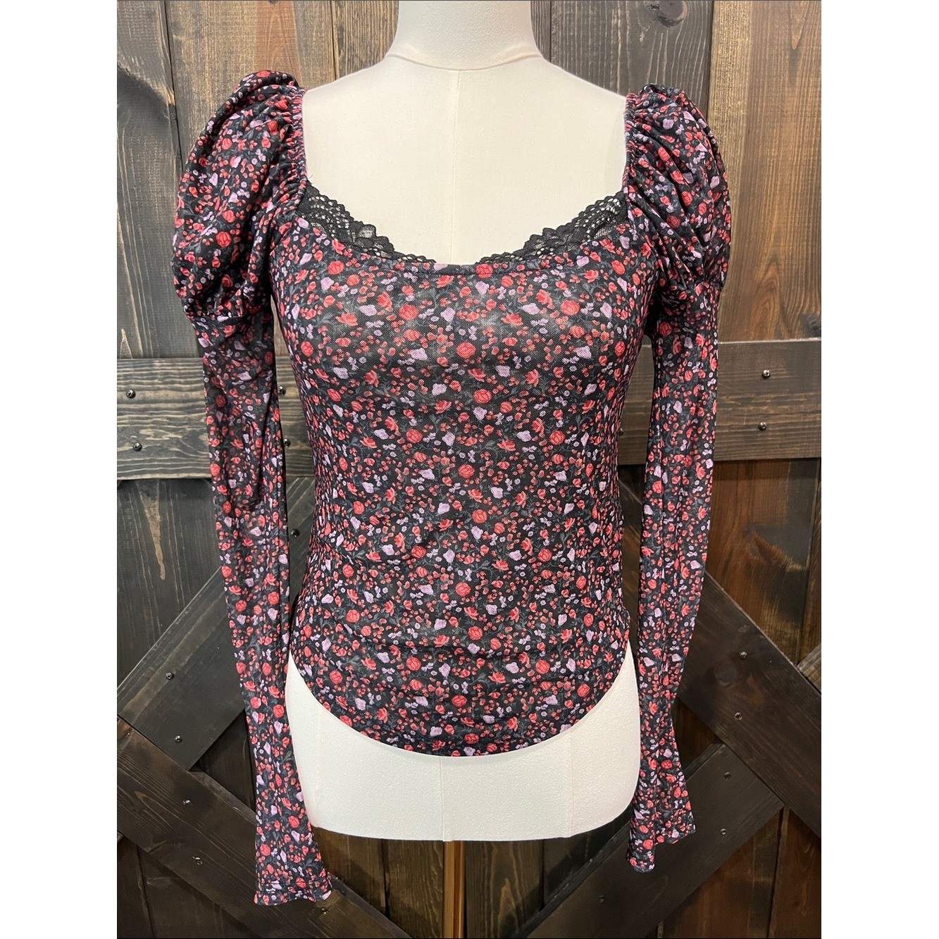 Anthropologie Maeve Lace Trim Mutton Sleeve Mesh Floral Top S Black Multi Boho