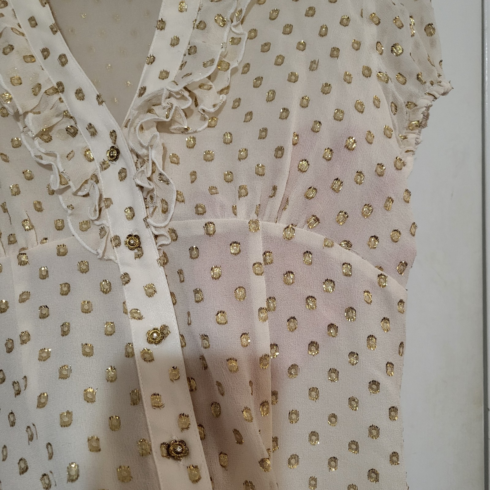 Bebe Cream Gold Ruffle Short Sleeve Button Front Semi Sheer Silk Blouse Size S