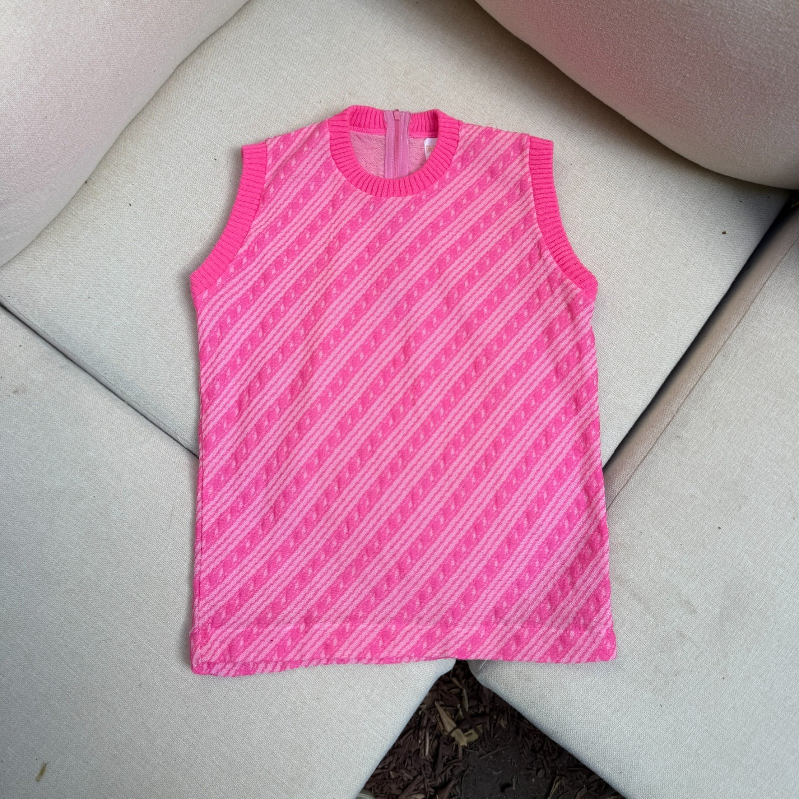 Vintage 70s Glentex Pink Virgin Acrylic Nylon Pattern Tank Small Japan Crew