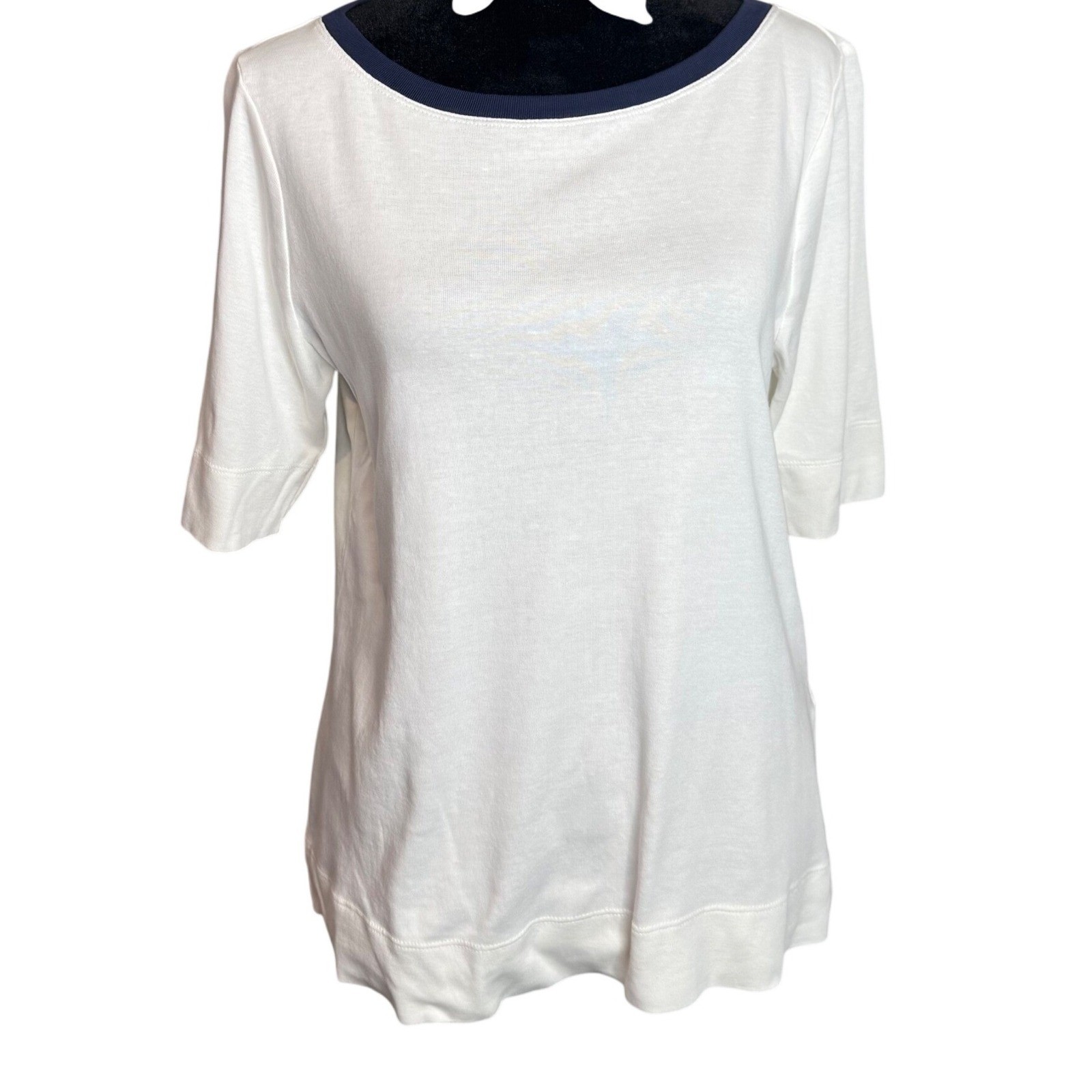 Chico’s Pima Cotton Bateau Neck Tee Size M White Nautical Preppy Sailing Sailor