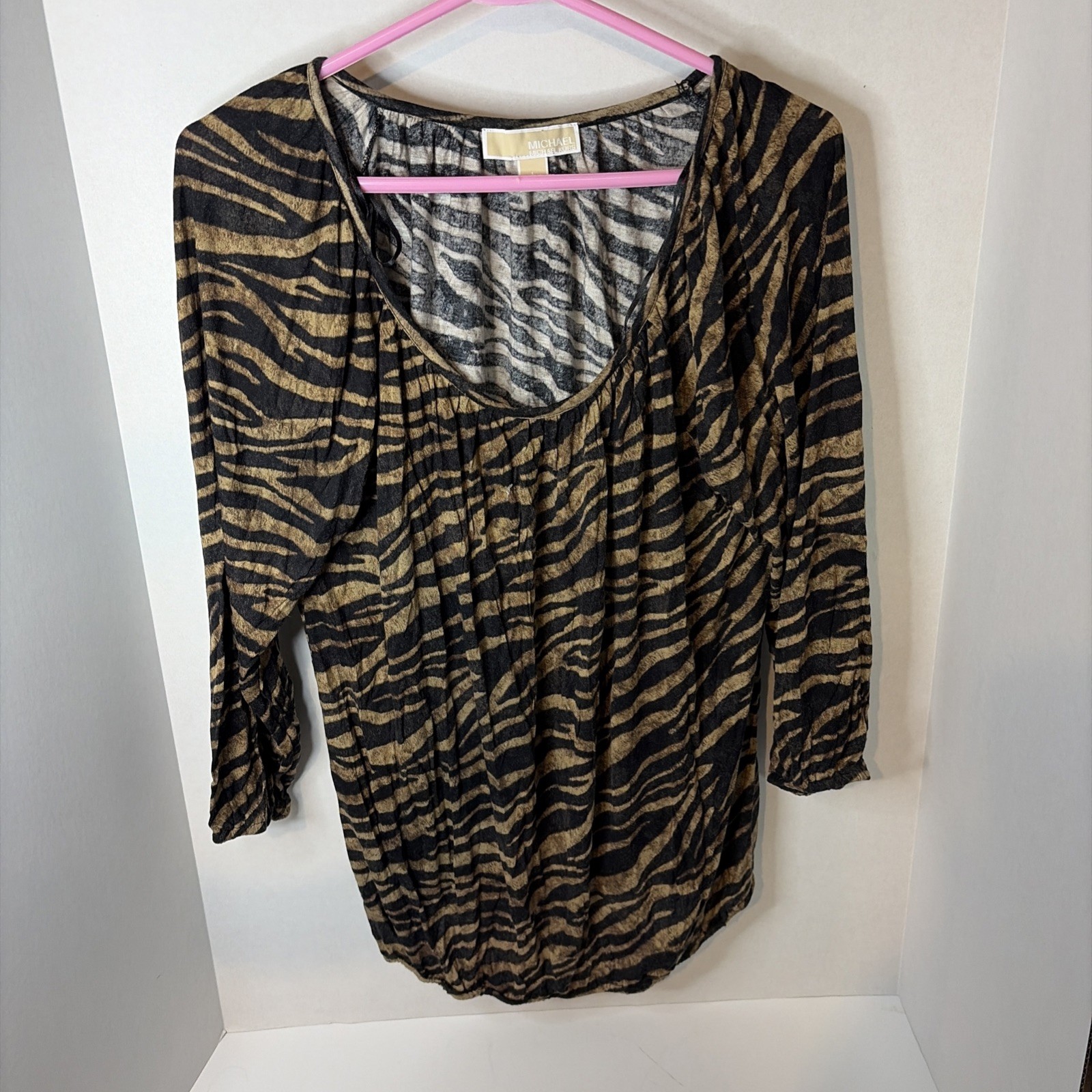 Michael Kors 3/4 Sleeve Tunic Stretchy Black & Gold Zebra Print Blouse EUC L