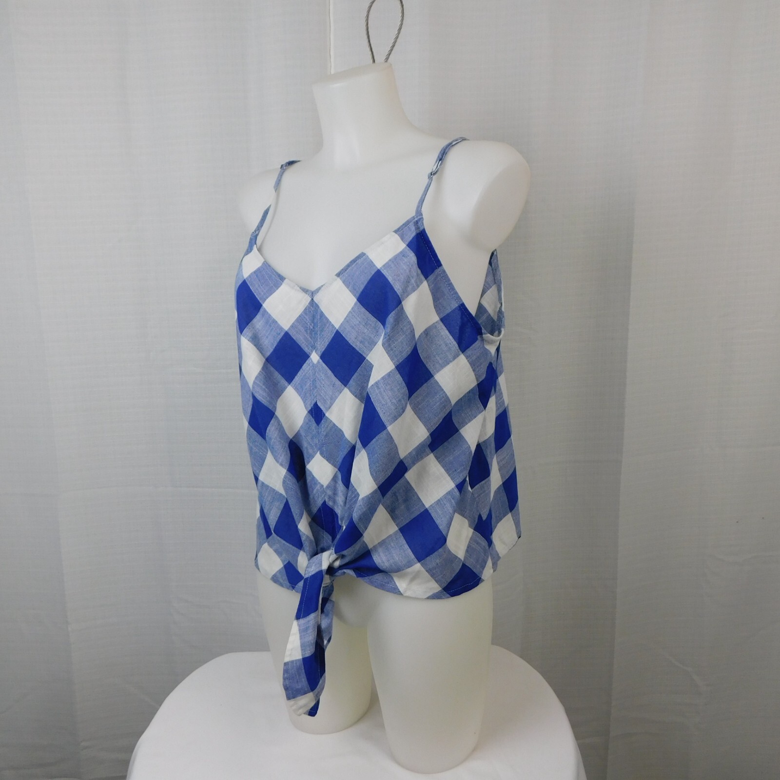 Eyelash Couture Sleeveless V-Neck Tie-Front Tank Top Blue Gingham Plaid XL