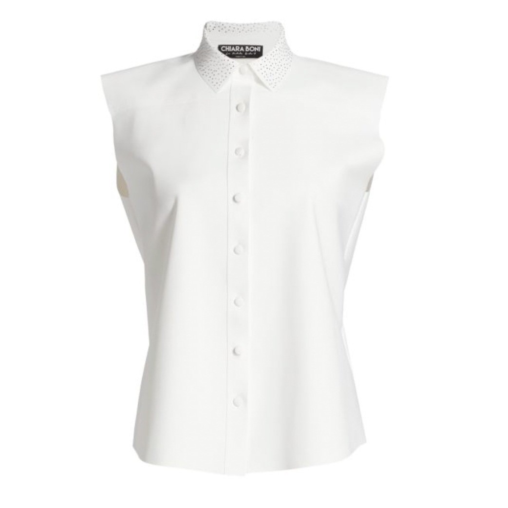 Chiara Boni Fusae Crystal Embellished Point Collar Sleeveless Top White G2U