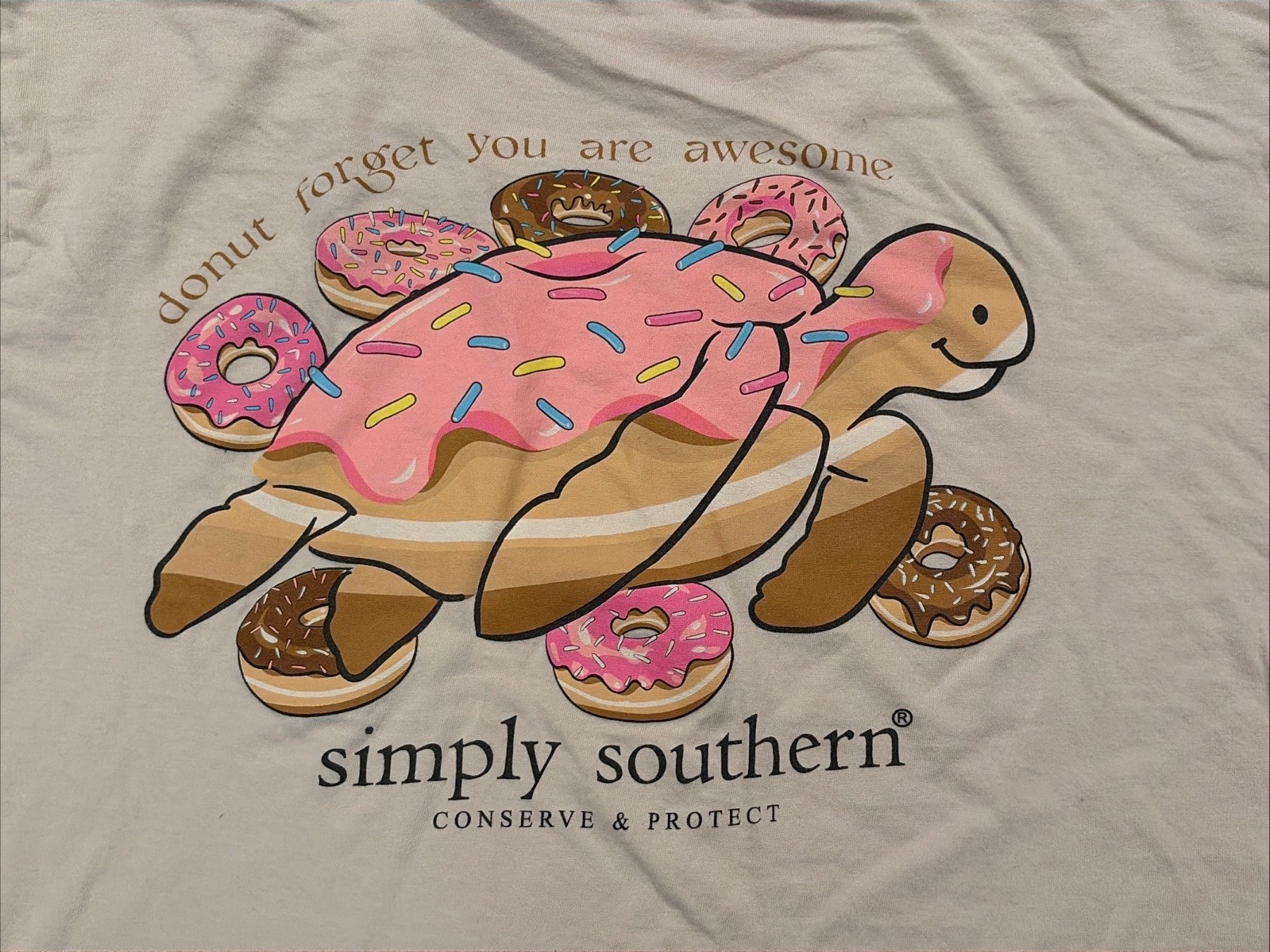 Simply Southern Conserve Protect Turtle Donuts Crew Beige T-Shirt Womens Large