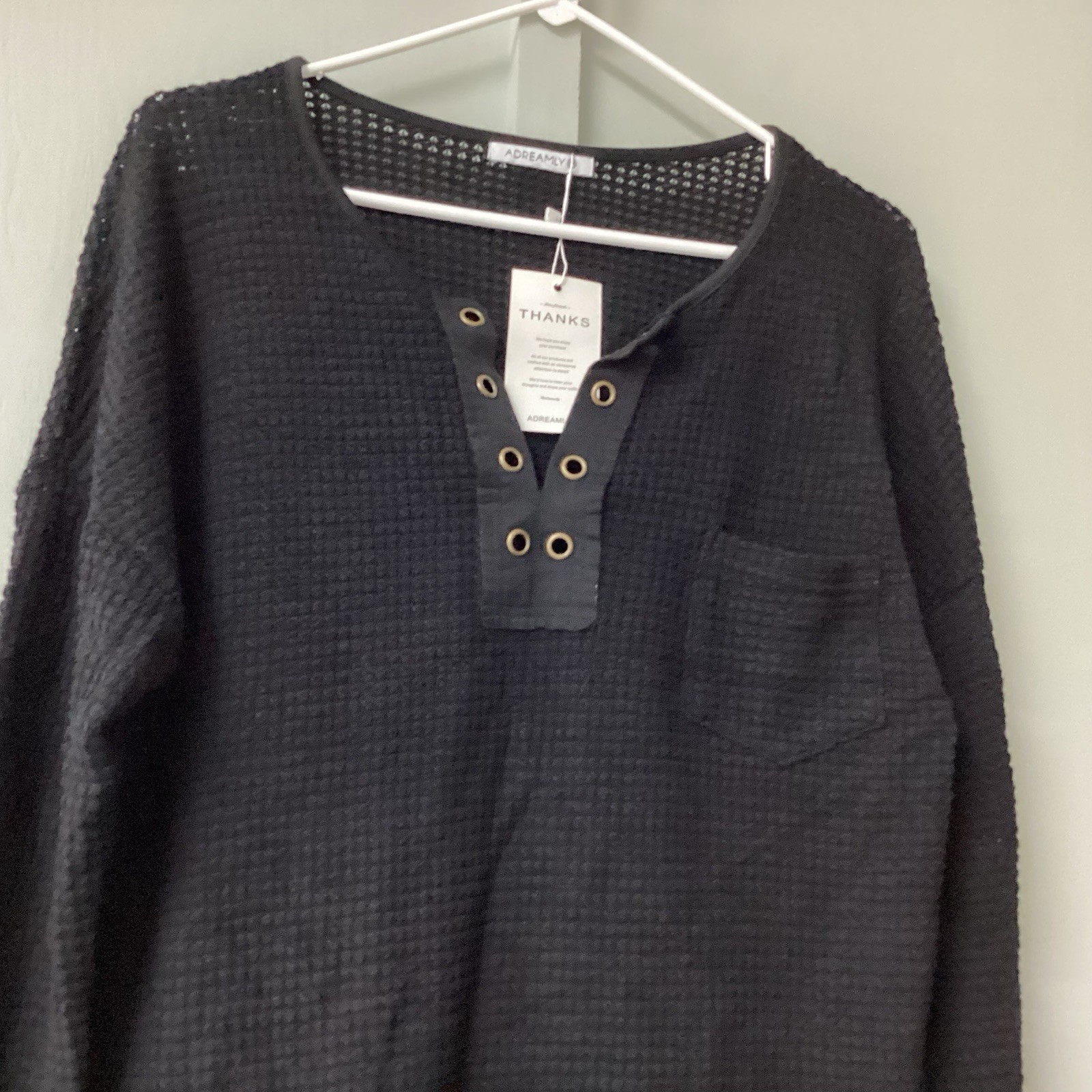 ADREAMLY Black Semi-Sheer Blouse Women’s Size Medium Waffles Studs Hole Knit New