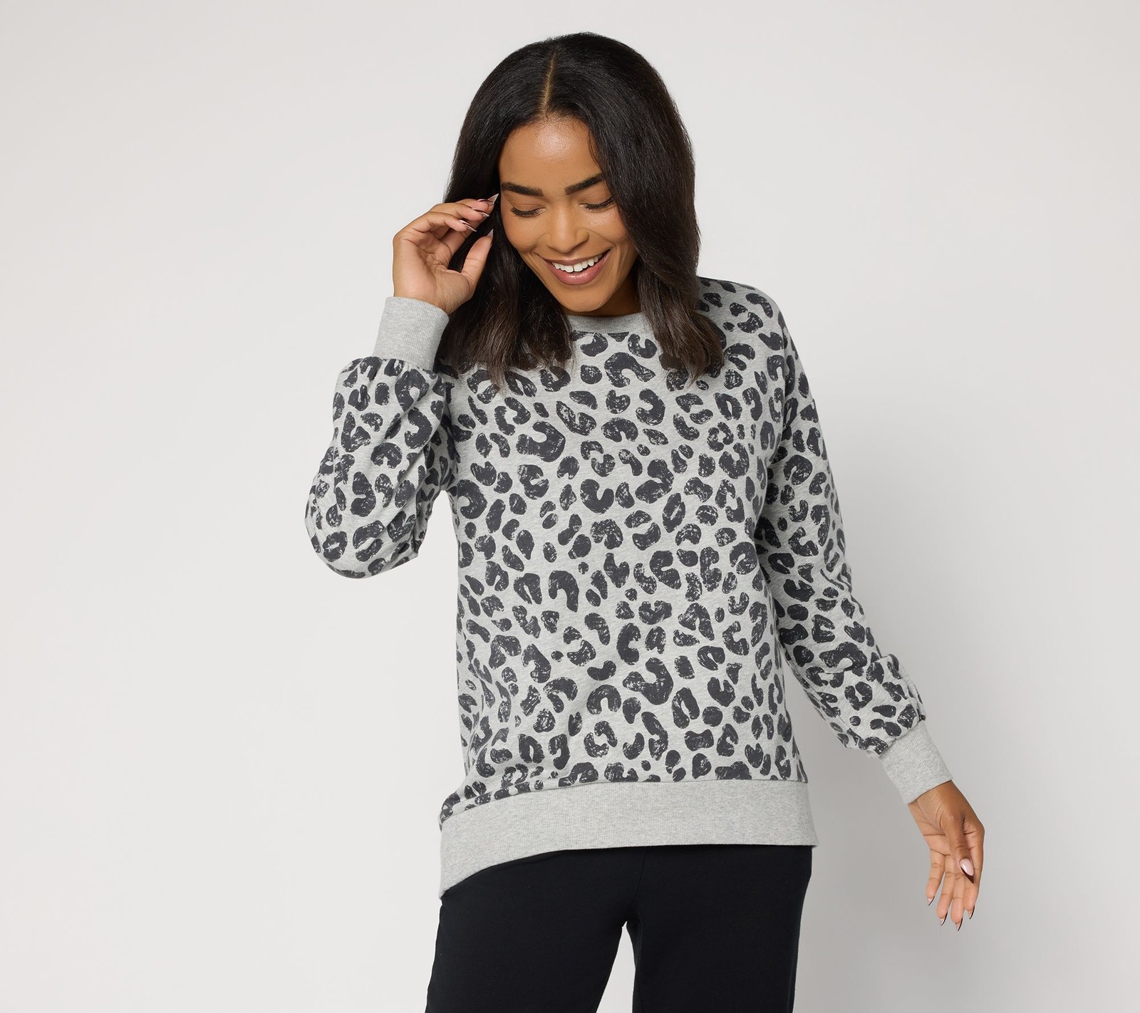 Belle by Kim Gravel French Terry Roar in Style Animal Top Heather Grey 1X New
