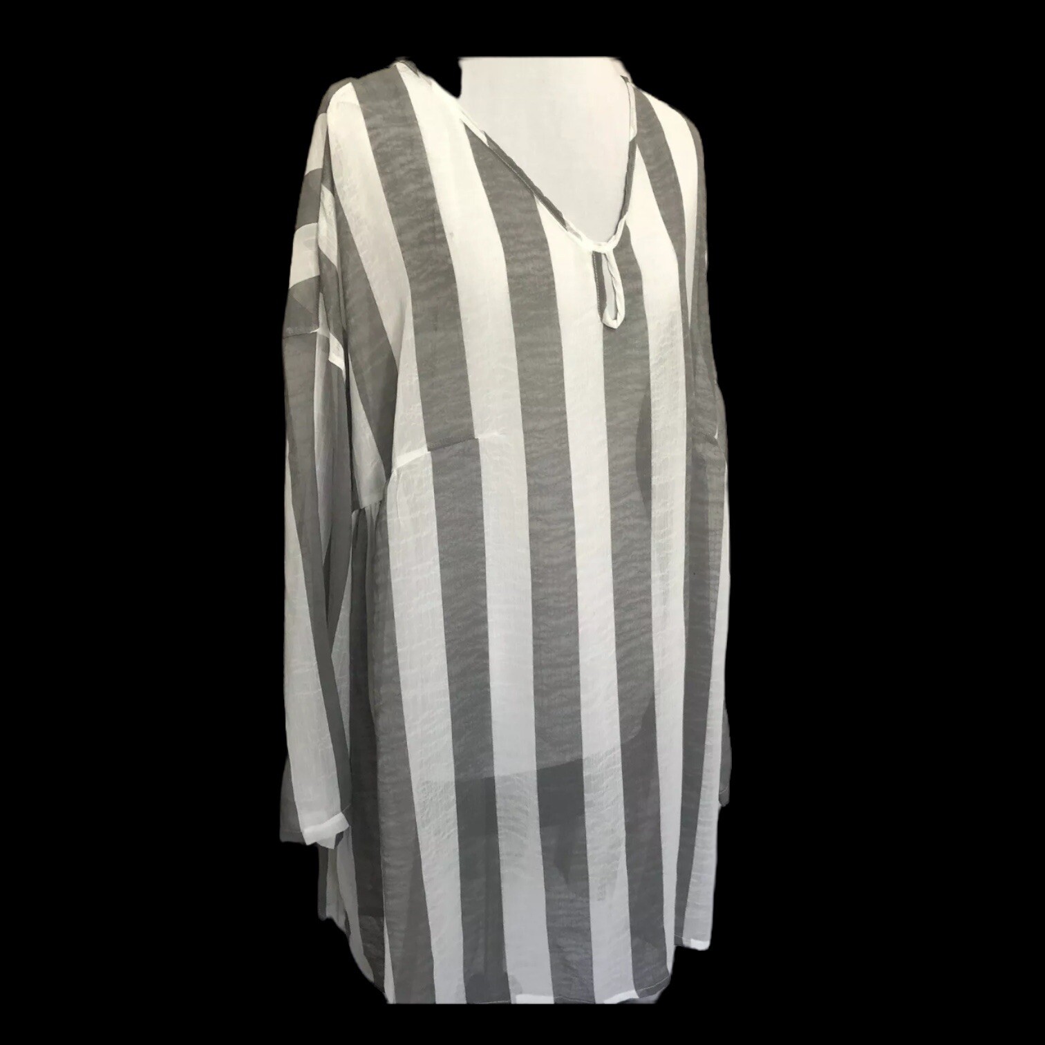 Miss Look Grey White Stripe Blouse Lightweight Sheer Scoop Neck Size 2XL