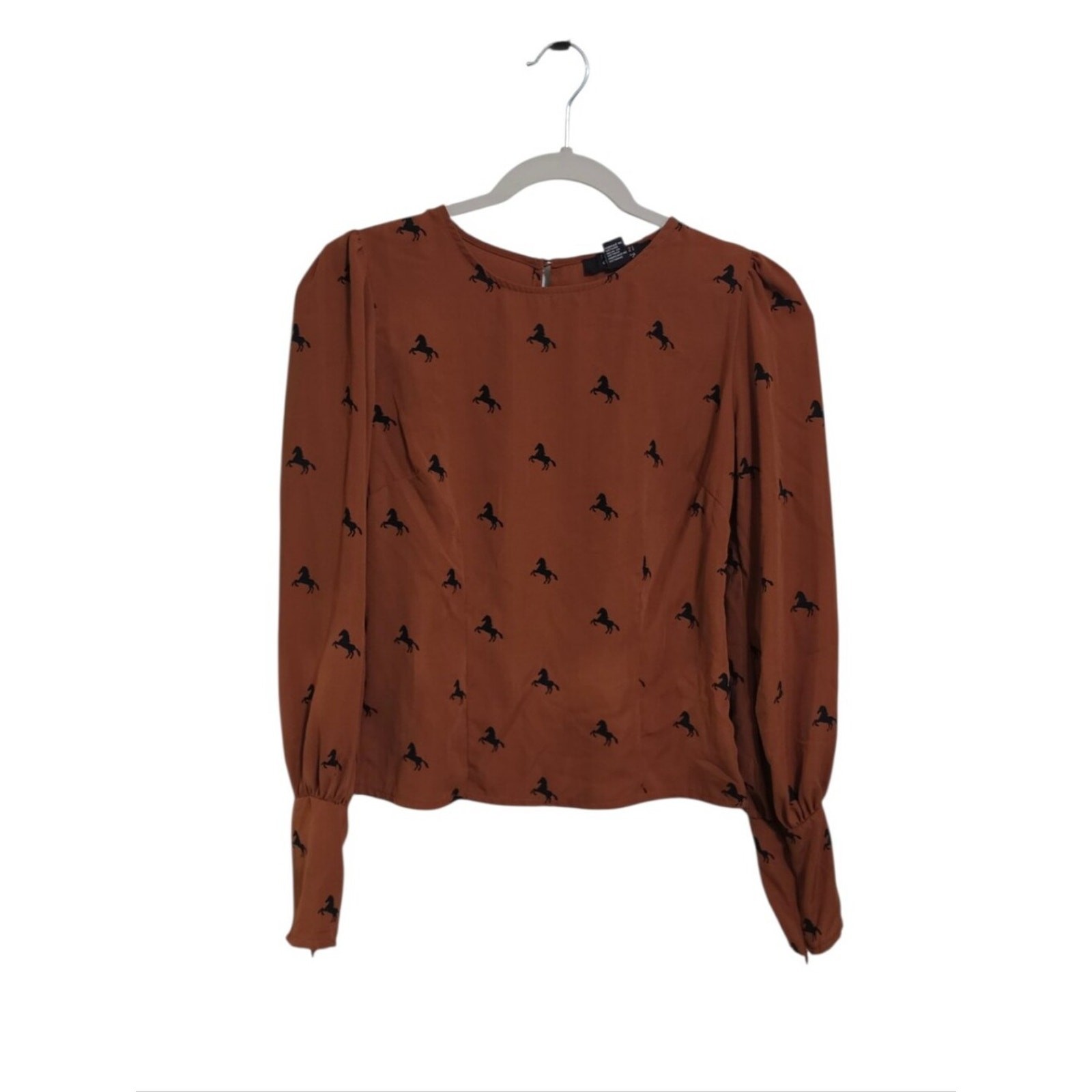 Brown Black Horse Print Long Bishop Sleeve Top S Western Boho Country Cowgirl