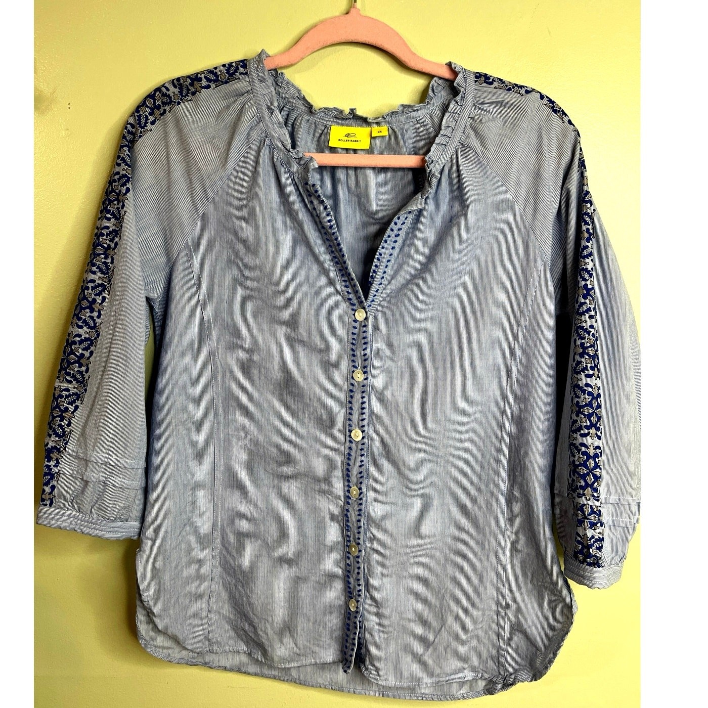 Roller Rabbit Womens Top Blue Striped V Neck Blouse Floral 3/4 Sleeve, Size XS