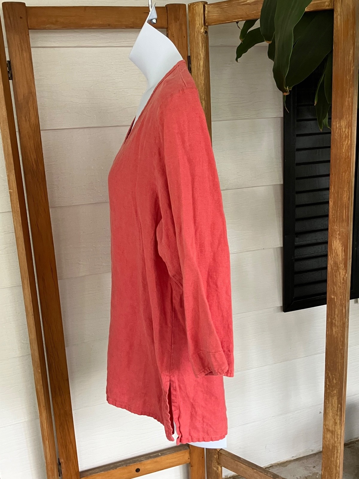 FLAX medium weight linen tunic top M melon, coral V-neck no pockets