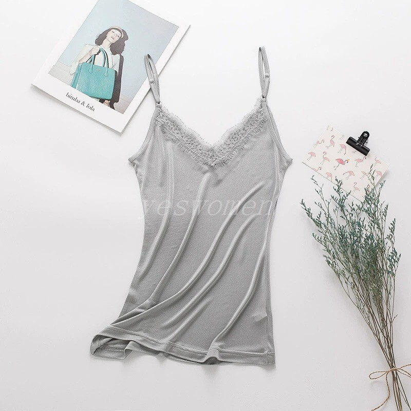 Women Silk V Neck Camisole Tank Top Knit Silk Lace Shirt Sleeveless Tank Blouse