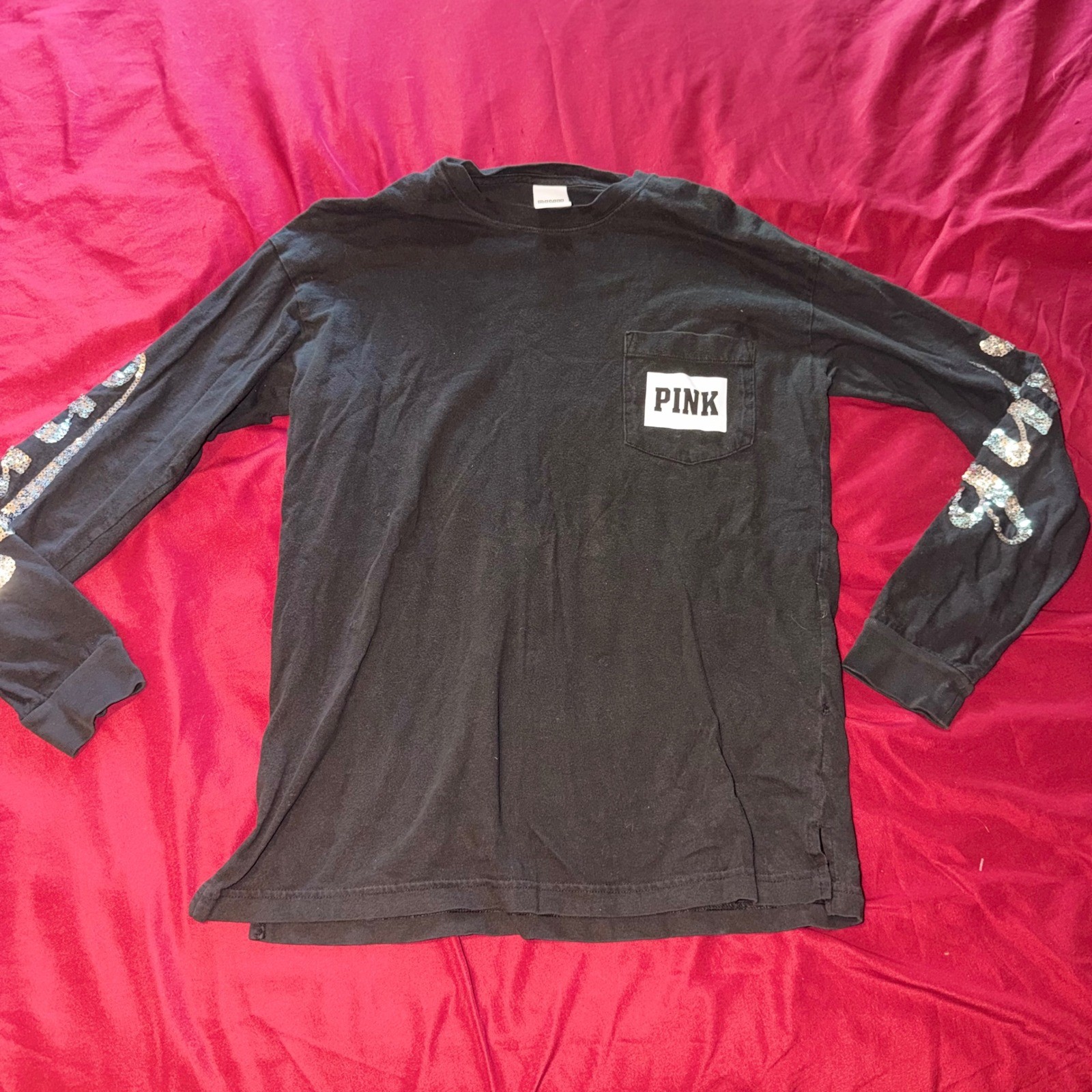 PINK Victoria’s Secret Long Sleeve T-Shirt Womens Small Black Sequin Athleisure