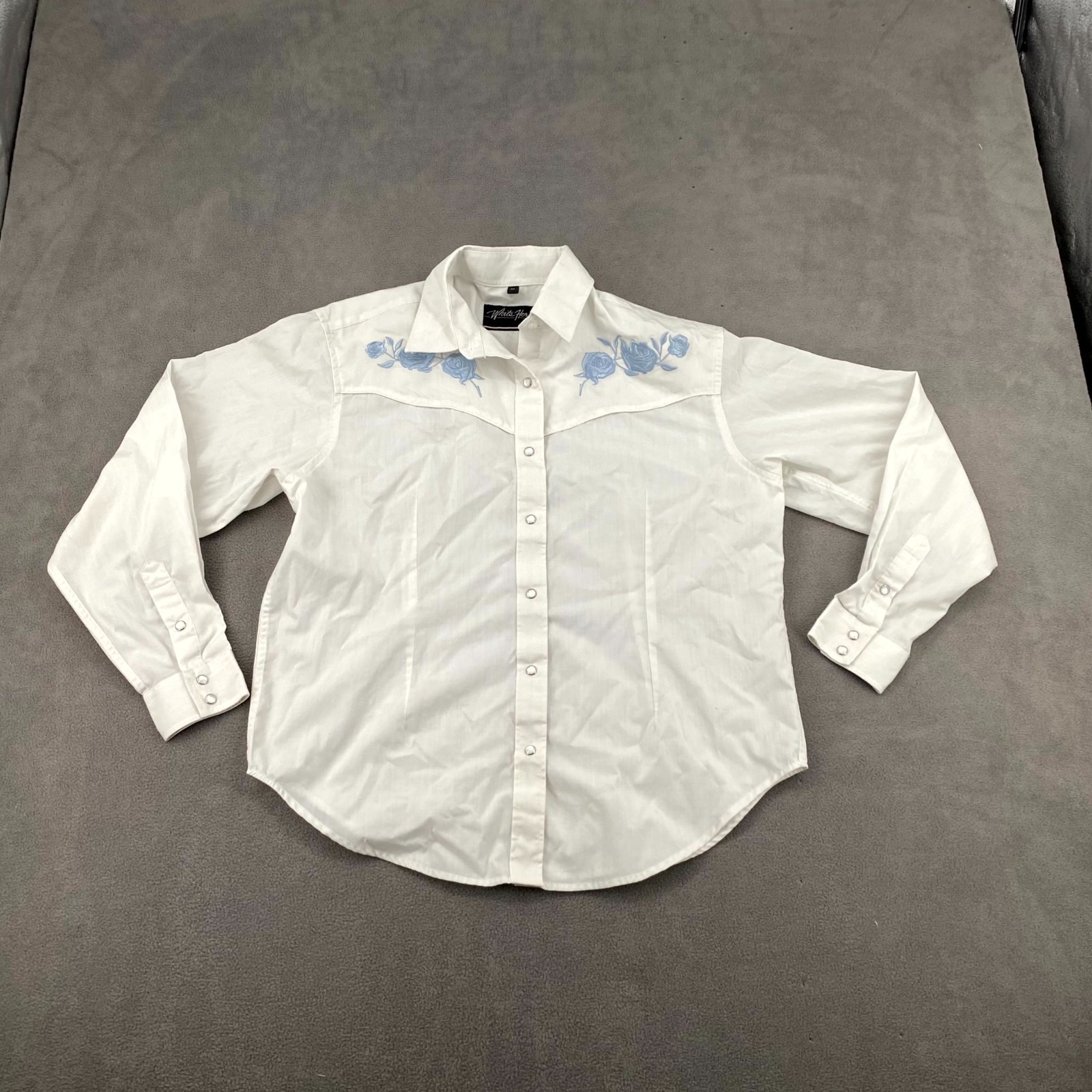 White Horse Western Shirt Women Medium White Floral Embroidered Pearl Snap Ranch