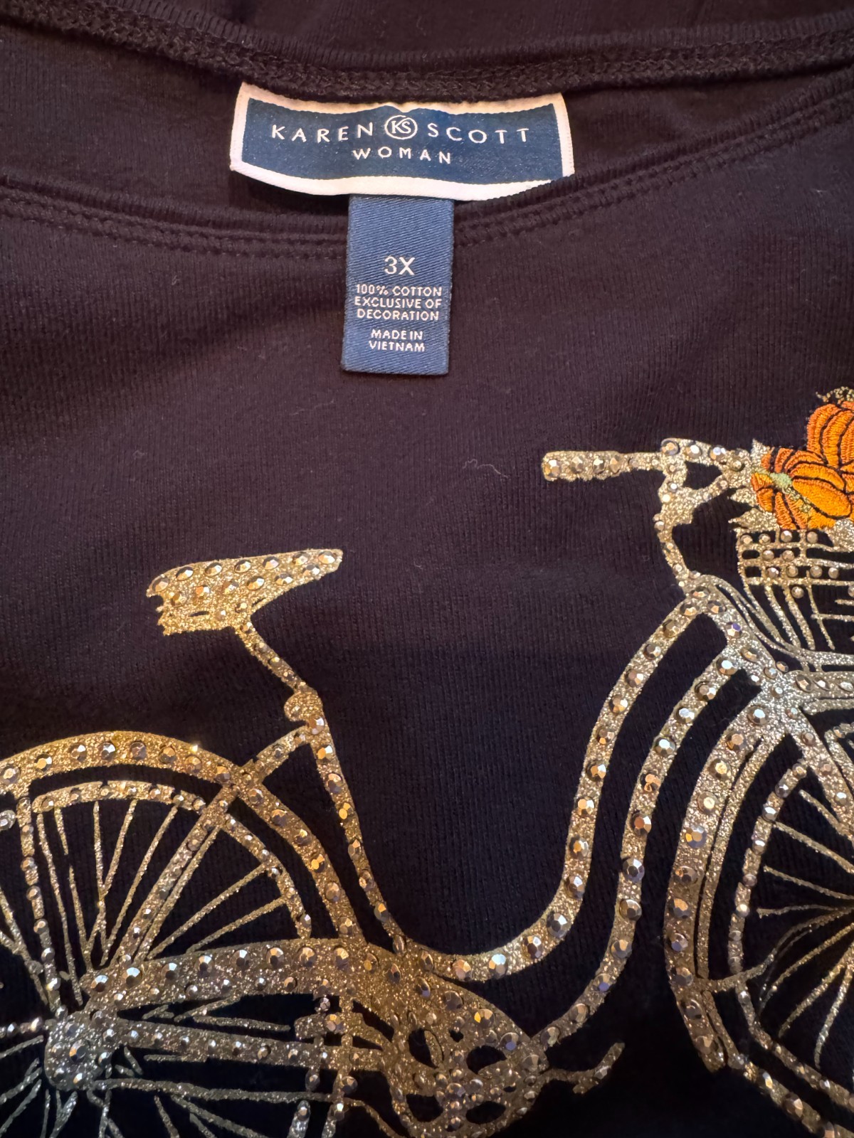 Karen Scott W’s 3X Gold Bicycle Pumpkin Shirt Halloween Thanksgiving Fall Whimsy
