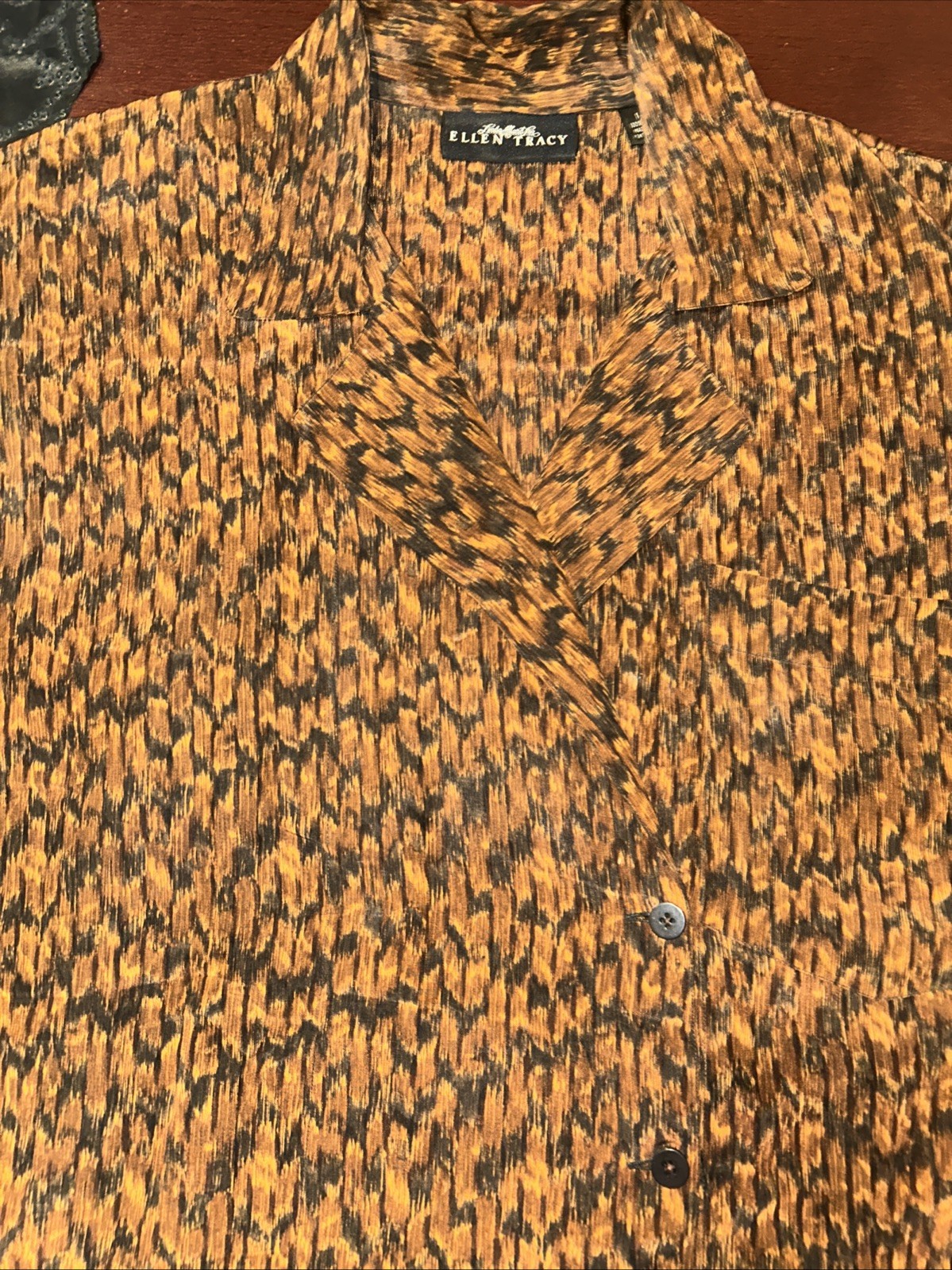 Vintage Linda Allard Ellen Tracy 100% Silk Button Up Blouse Multi Brown Black 14