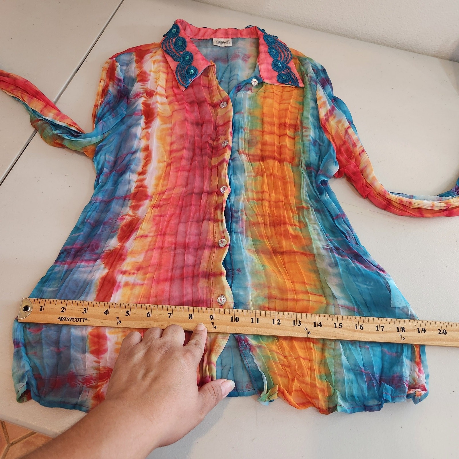 VTG Love Amour Tie Dye Sheer Button Down Blouse Art to Wear Women’s Large