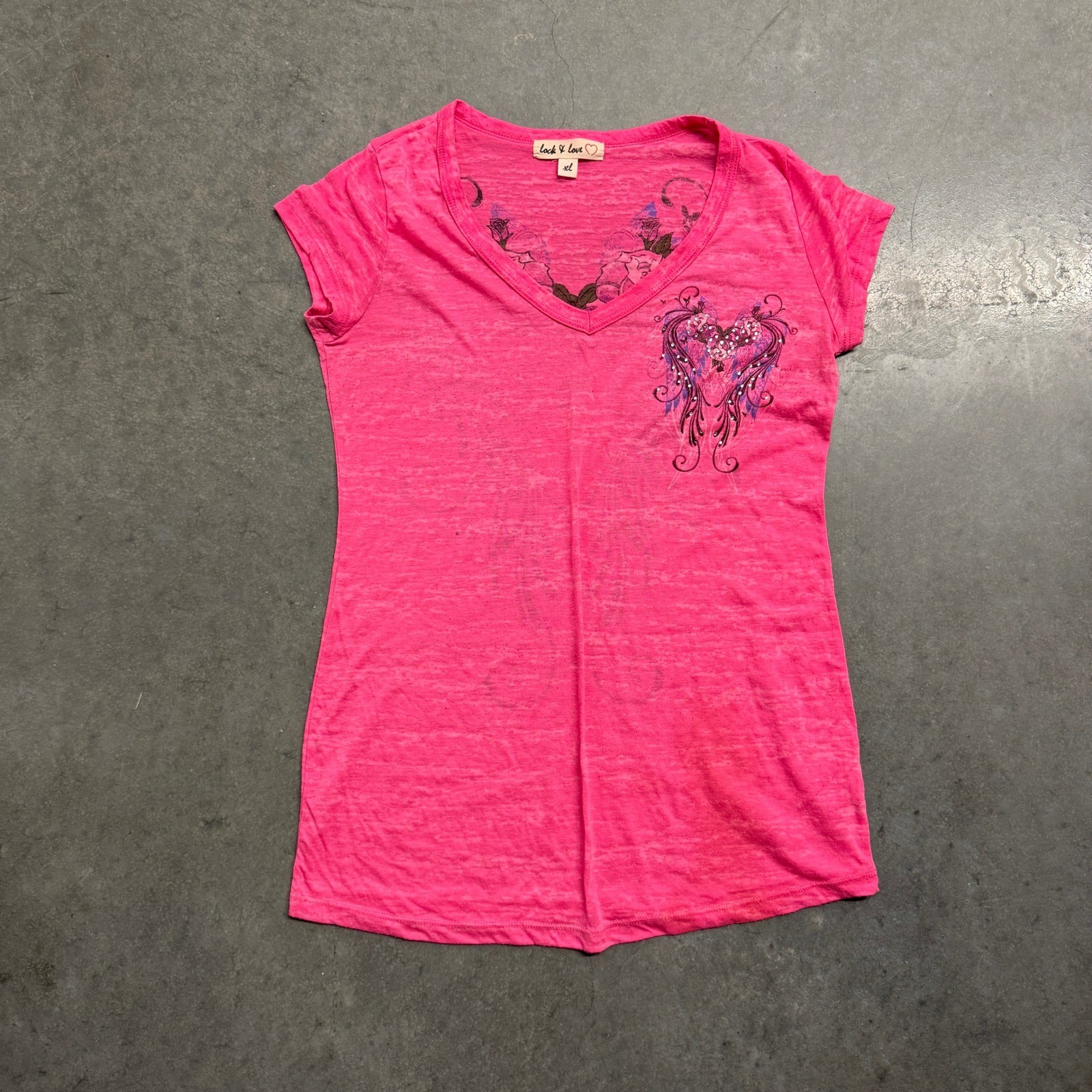 Lock & Love Hot Pink Burnout Graphic Tee Rhinestone Rose Heart Y2K XL