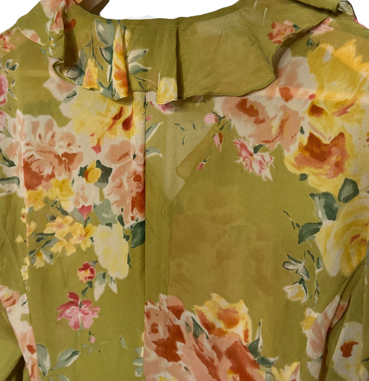 Linda Allard Ellen Tracy Silk Ruffle Sheer Floral Blouse Green Women’s Sz 12 Y2K