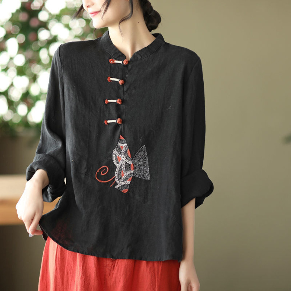 Ethnic Women Embroidery Cotton Linen T-shirts Casual Tops Blouse Retro Chinese