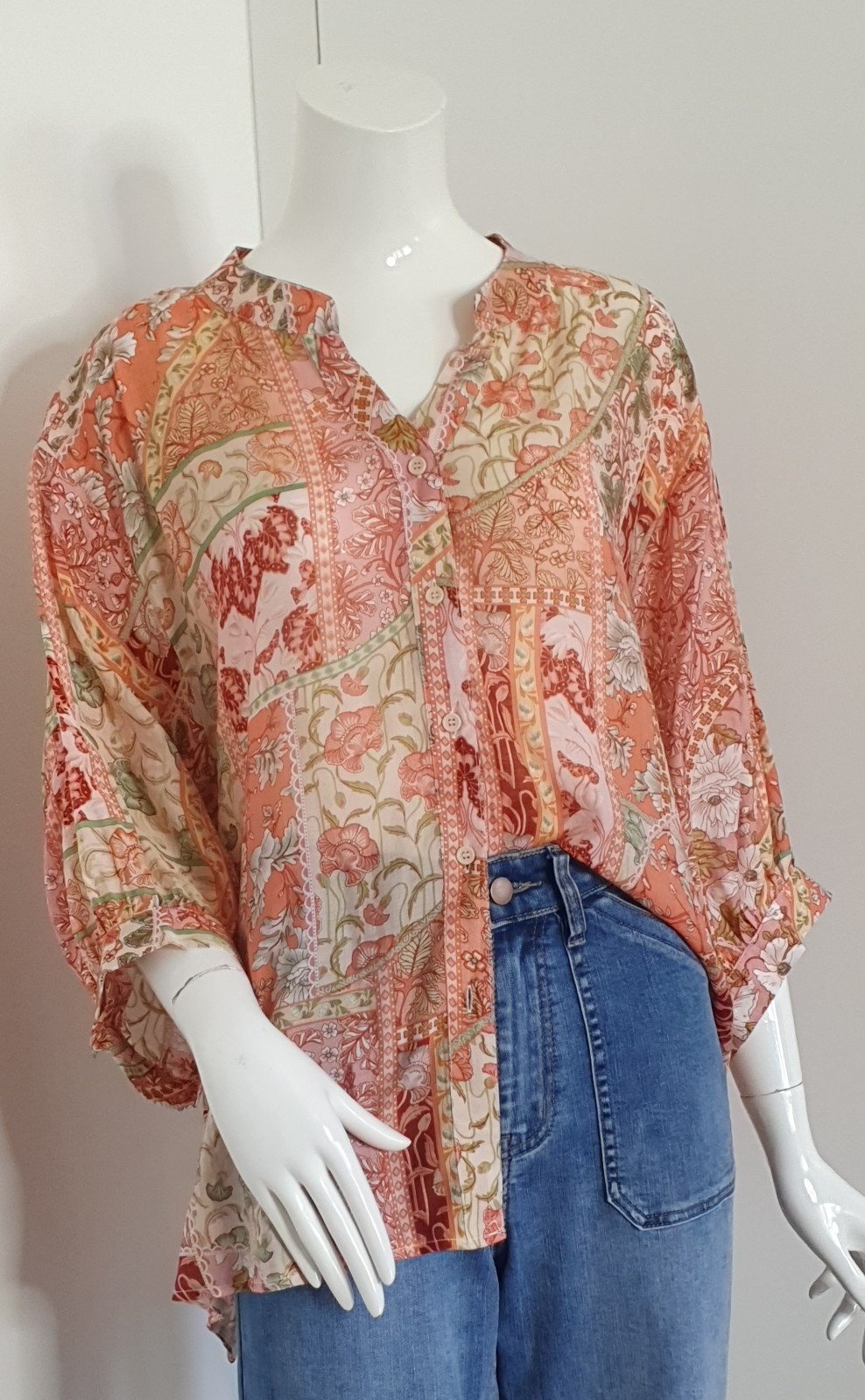 Caroline Morgan Sz 14-16 Boho Floral Patchwork Blouse 3/4 Slv Hi-Lo Hem BNWT