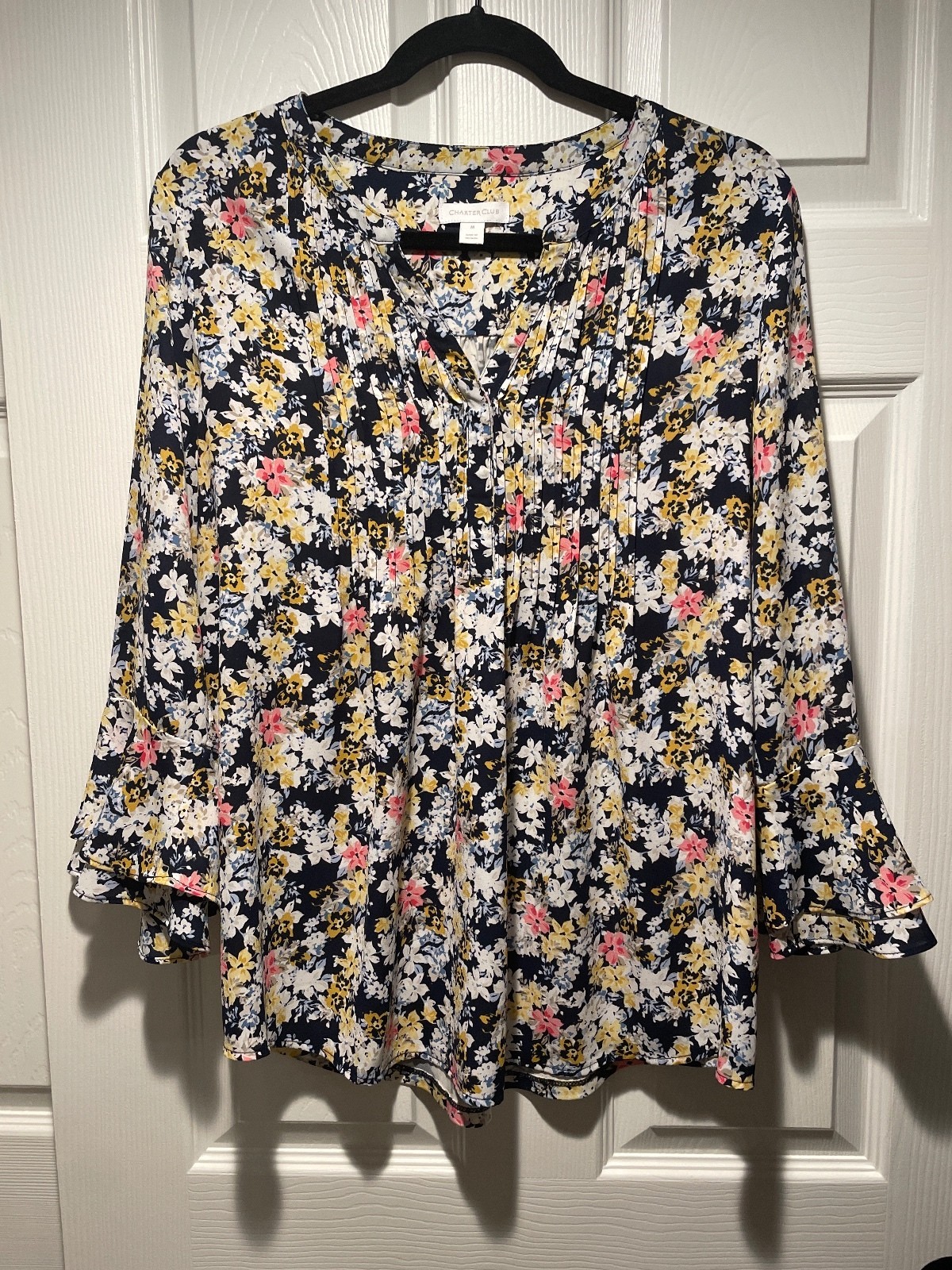Charter Club Floral Pintuck Blouse Navy Bell Sleeve Top Women’s Medium