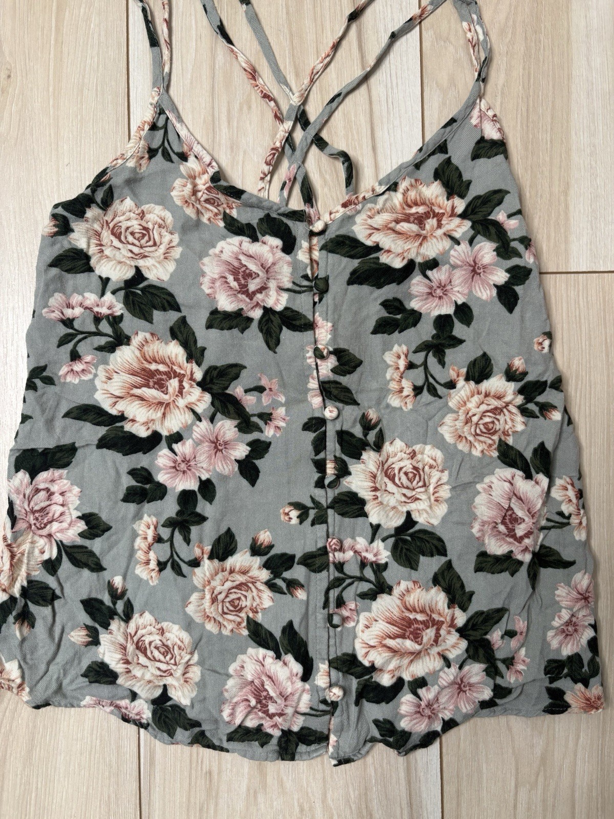 Gray Floral Button Front Strappy Cami Tank Top Women’s M Boho Cottagecore