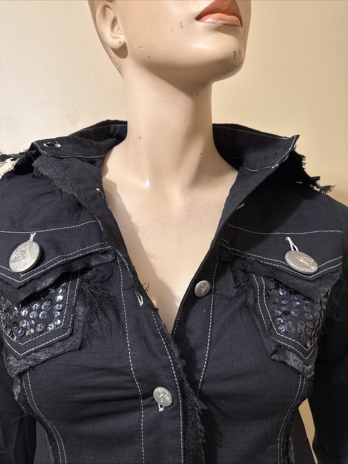 Women’s Black Rayon Casual Stretch Slim Beads Collar Size L Button-up Blouse Top