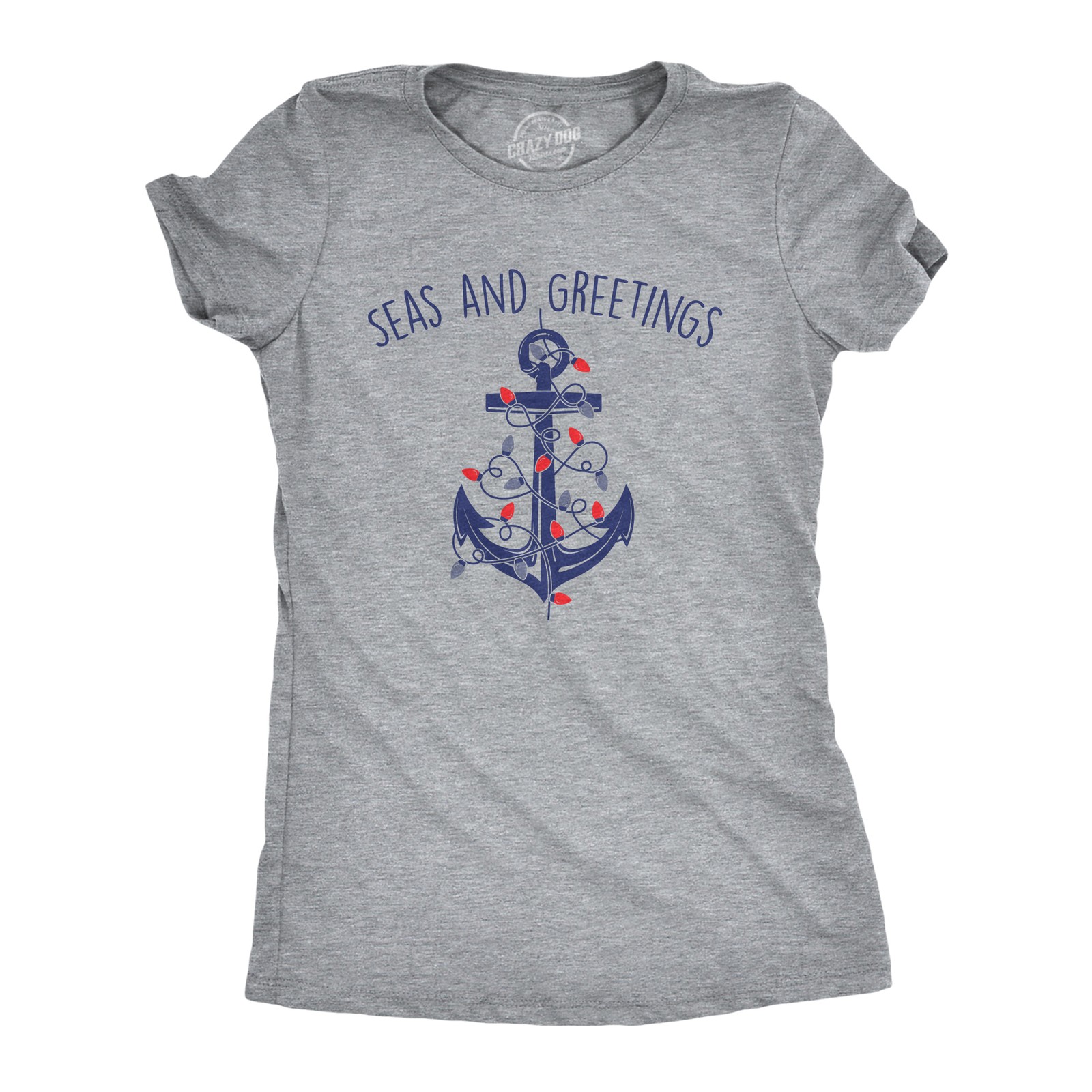 Womens Seas and Greetings T Shirt Funny Xmas Lights Sailing Anchor Joke Tee for