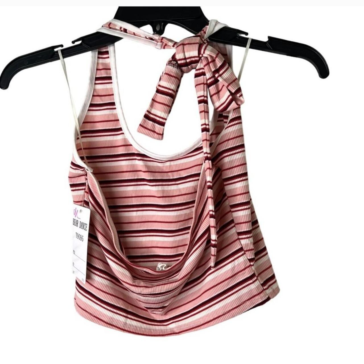 🆕Pink/Red Multicolor Stripe Design Stretchy Ribbed Halter Open Back Top~Size S