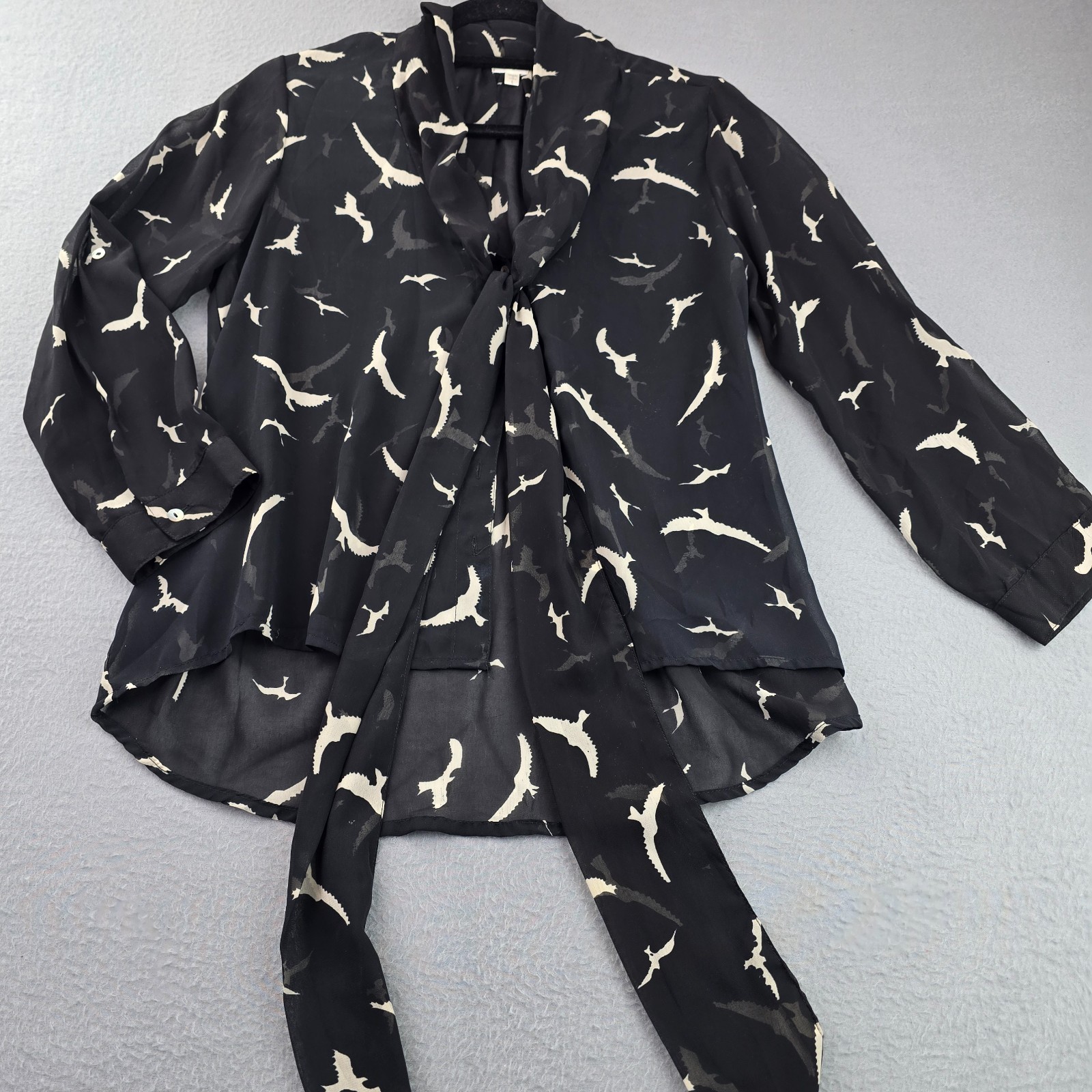Marisol Blouse Top Womens Large Black Distinct Crane Print Tie Neck Button Front