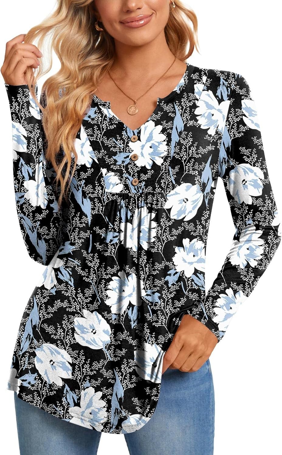 Womens Long Sleeve Tops Henley Shirt V-neck Down Blouse Casual Pleated Pullover