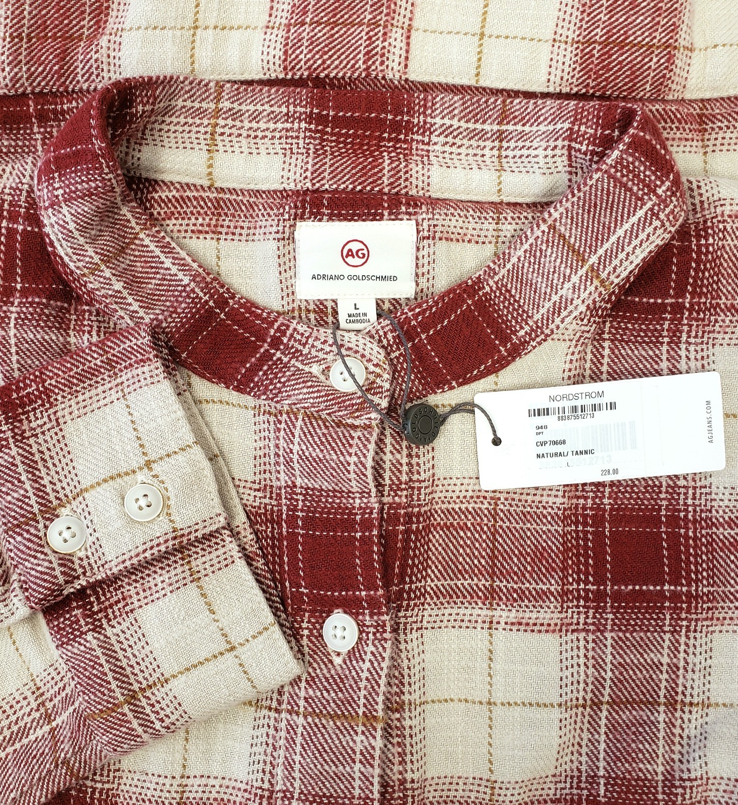 AG Adriano Goldschmied Smith Women’s Plaid Flannel Shirt Jacket Red Cream Size L